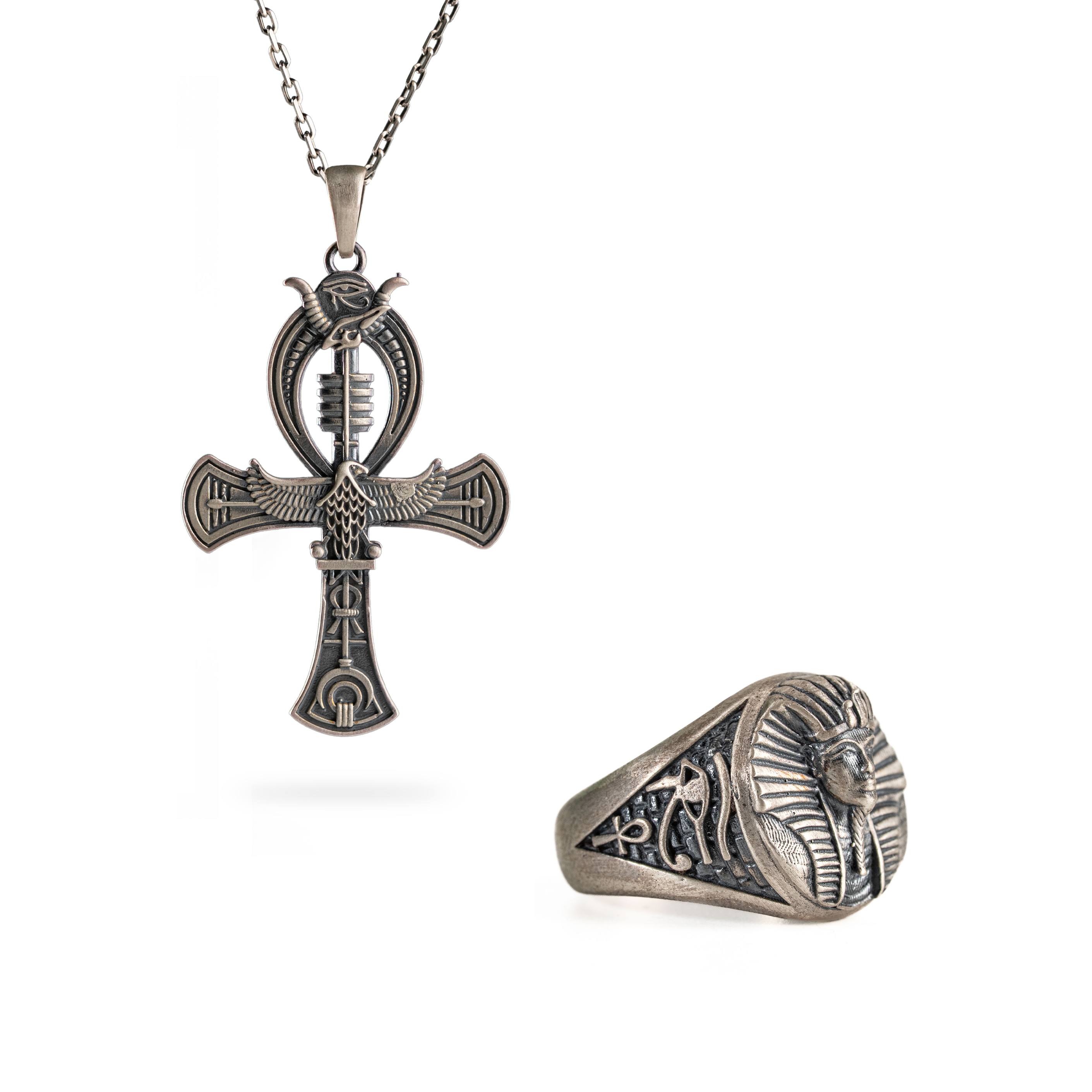 Ankh Eye of Horus Necklace and Pharaoh Ring Jewelry Set  Ring  Charmora Jewelry