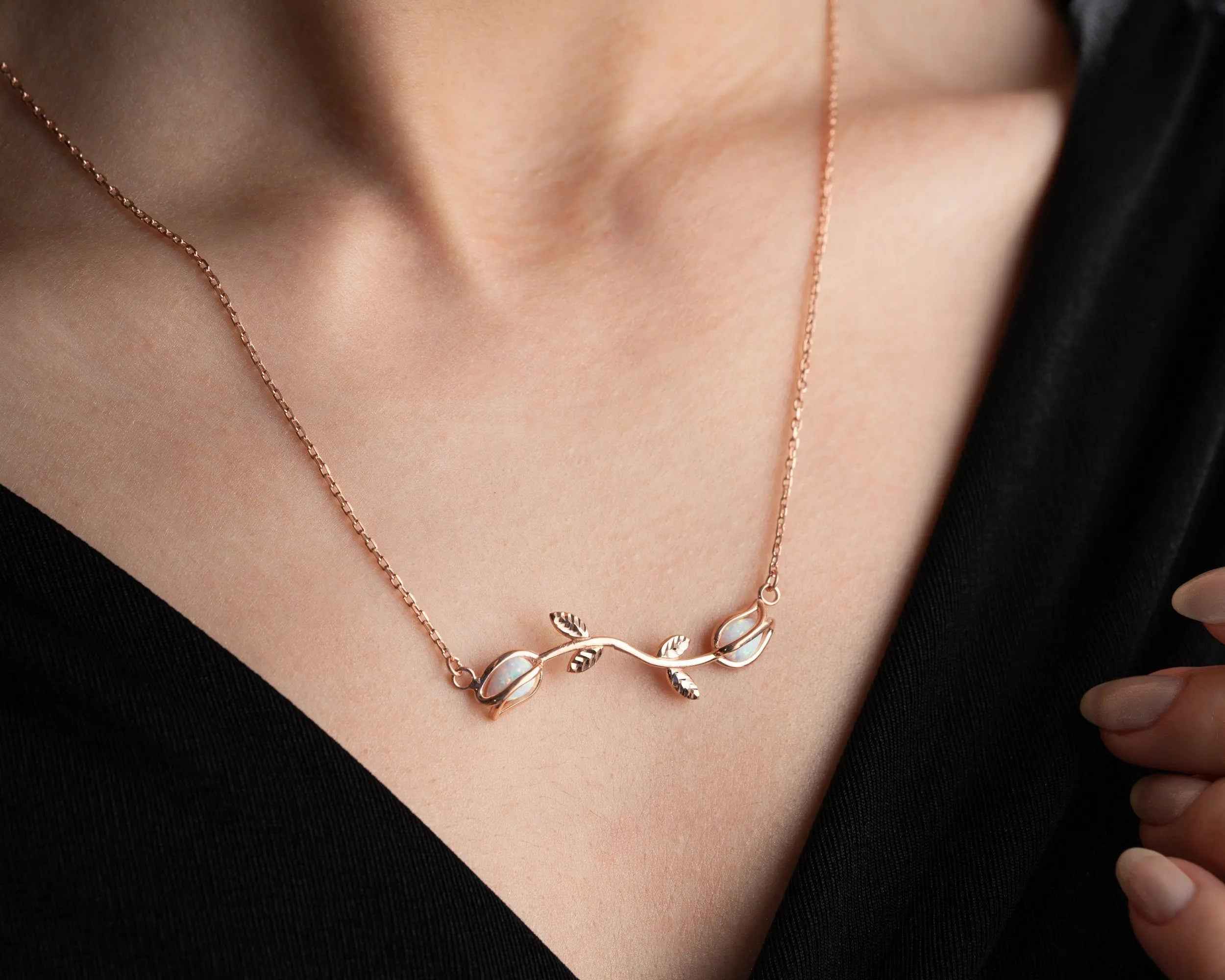 Silver Tulip Necklace: Opal Stone Pendant, Handmade Floral Jewelry