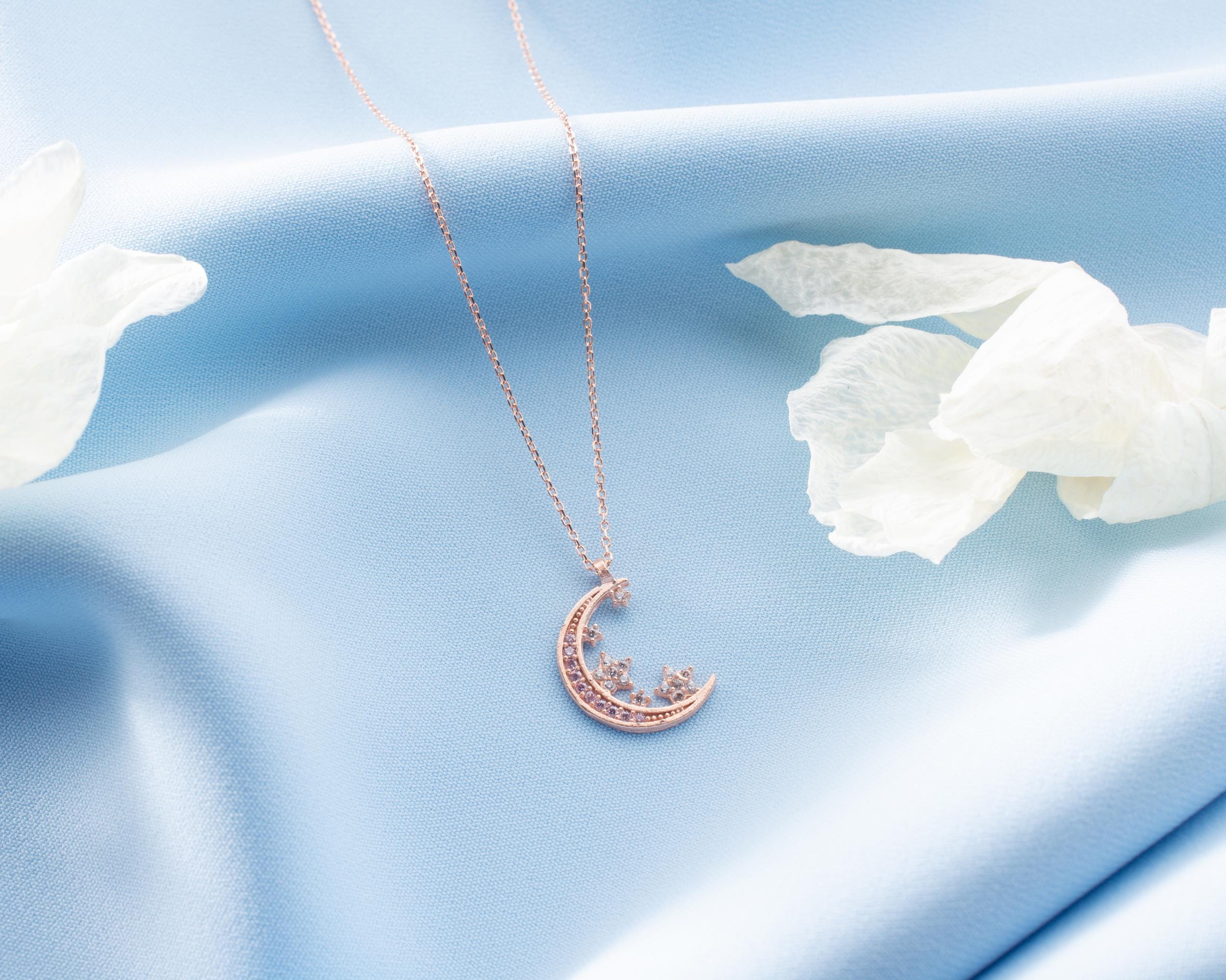 Sterling Silver Crescent Moon and Star Necklace: Celestial Jewelry