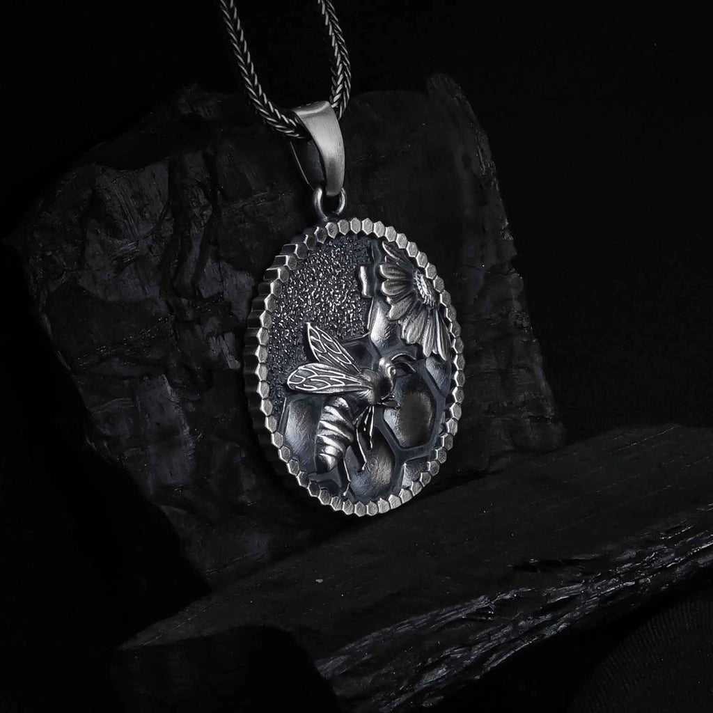 Handmade Sterling Silver Bee Necklace: Honeycomb Pendant Jewelry