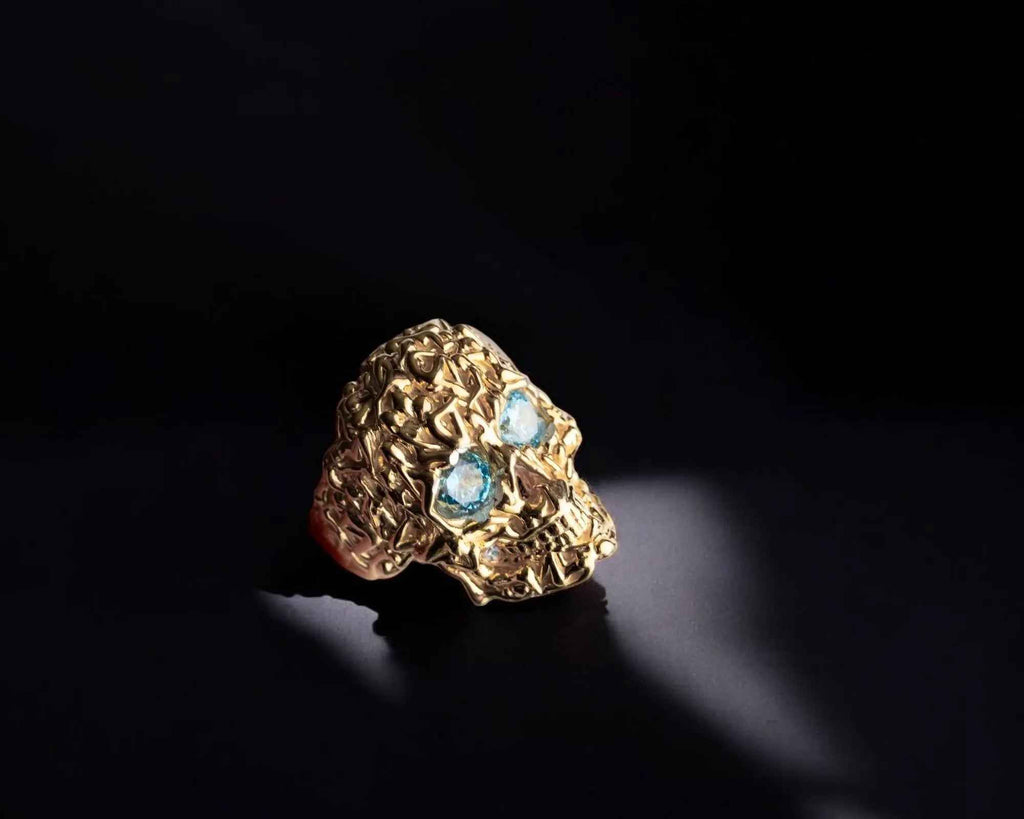 Sterling Silver Skull Ring: Turquoise Zircon Gothic Mens Jewelry
