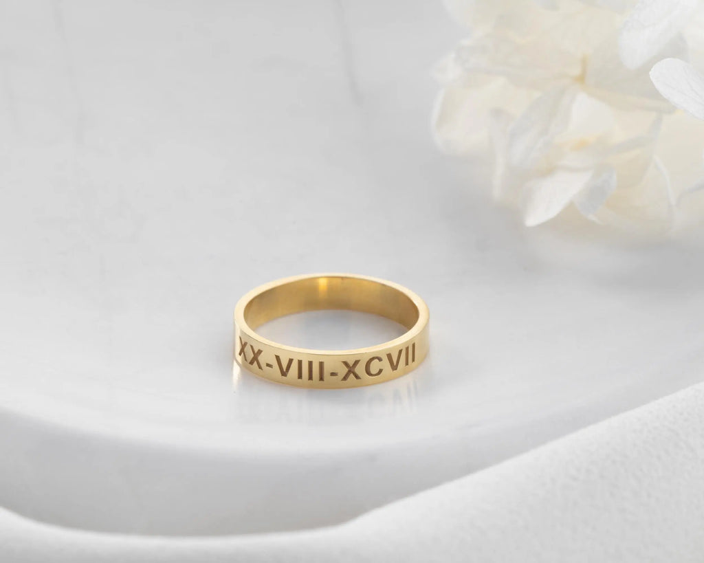 Solid Gold Roman Numeral Date Ring: Personalized Anniversary Jewelry   Charmora Jewelry