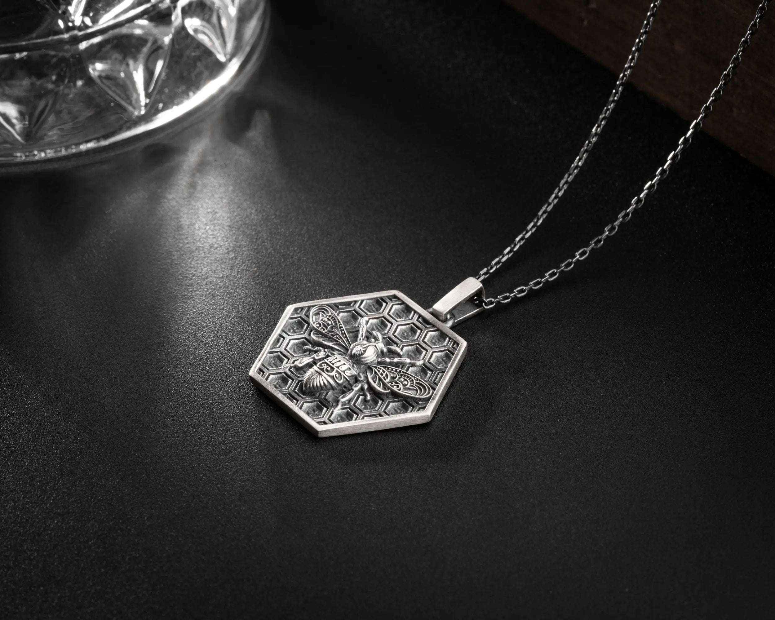 Sterling Silver Honeycomb Bee Pendant Necklace