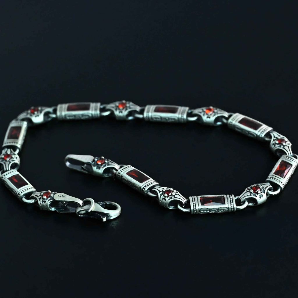 Sterling Silver Men’s Bracelet with Garnet Baguette Stones – Gift for Him