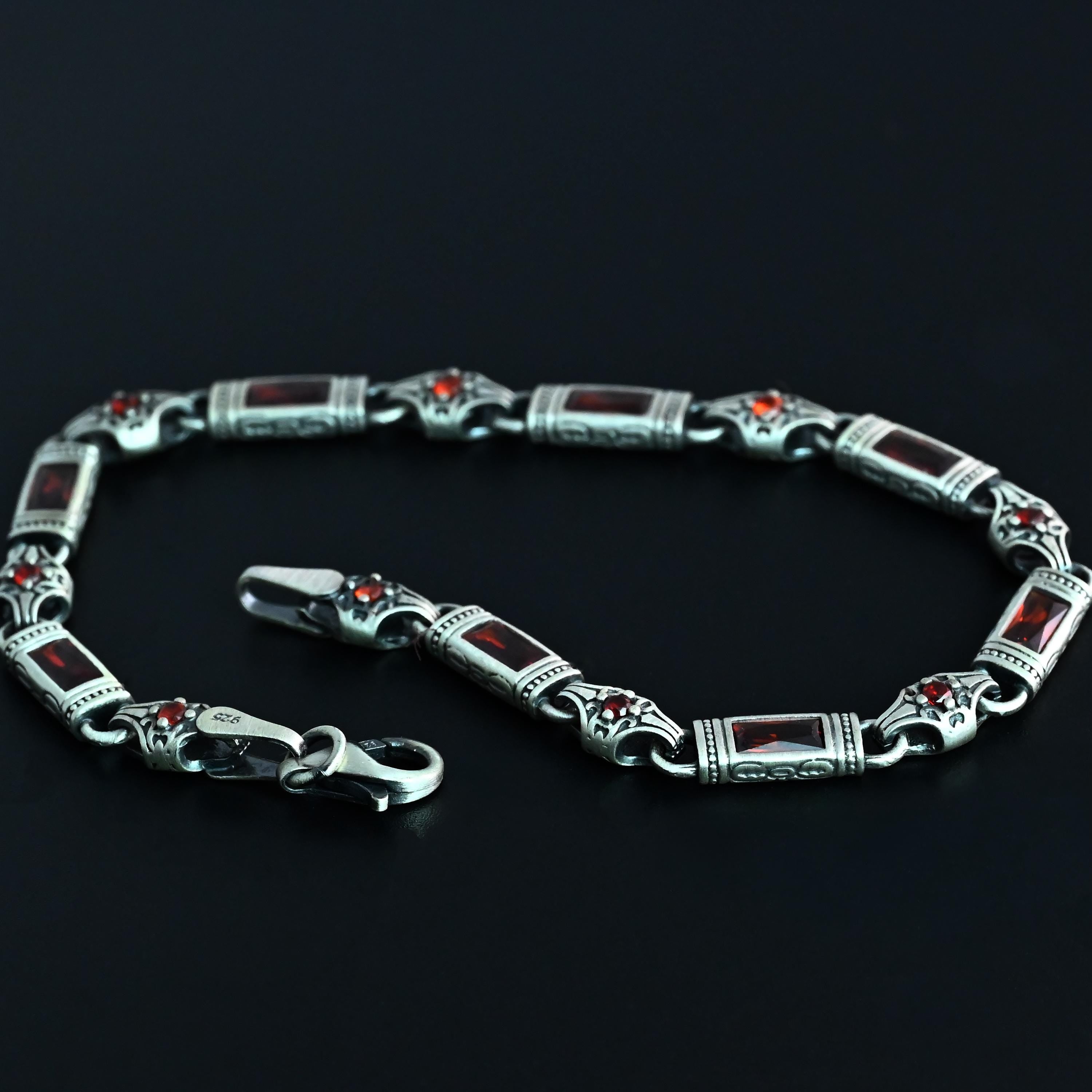 Bracelet homme en argent sterling avec pierres de grenat baguette – Cadeau pour lui