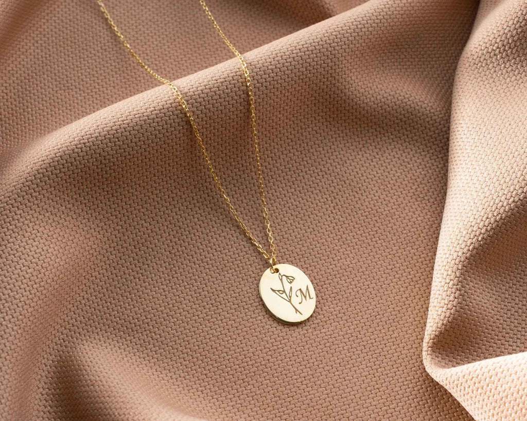 Birth Flower Initial Necklace: Engraved Sterling Silver Personalized Jewelry