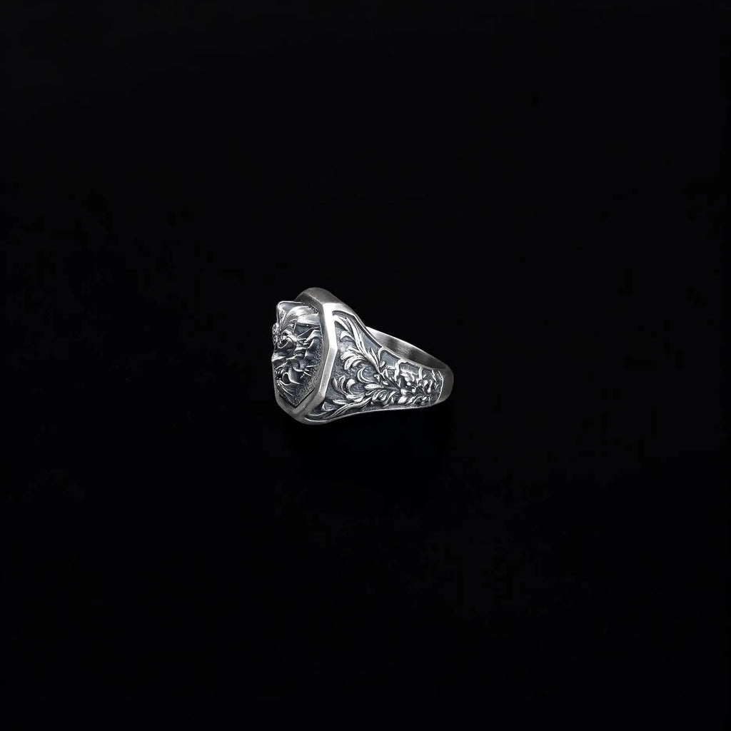 Sterling Silver Oni Mask Ring: Japanese Samurai Biker Jewelry   Charmora Jewelry