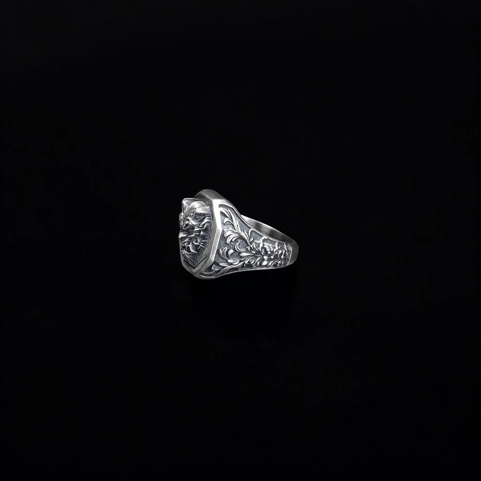 Sterling Silver Oni Mask Ring: Japanese Samurai Biker Jewelry   Charmora Jewelry