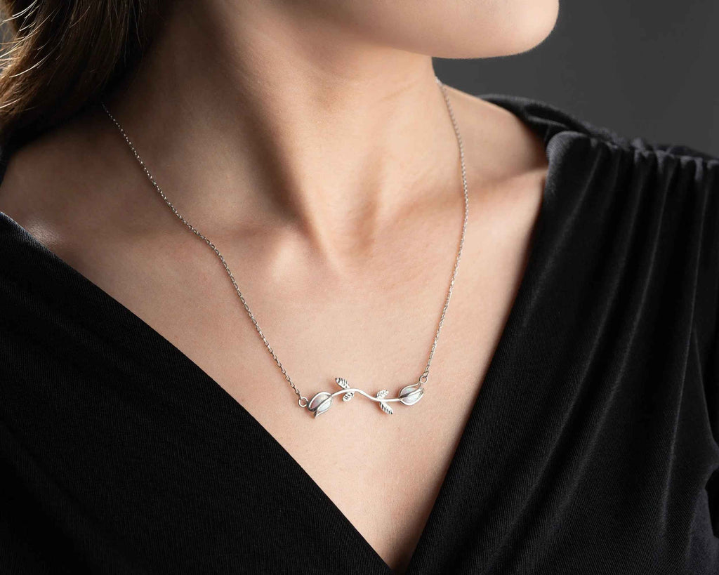 Silver Tulip Necklace: Opal Stone Pendant, Handmade Floral Jewelry