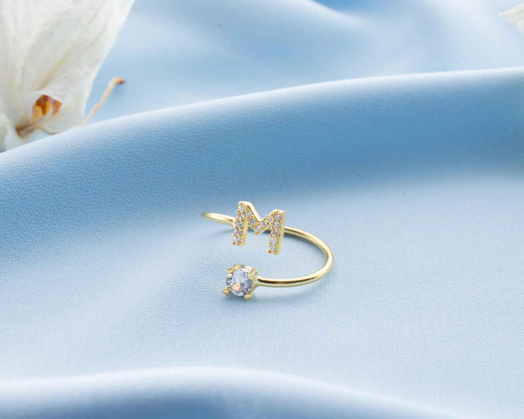 Sterling Silver Stone Initial Ring: Personalized Letter Ring