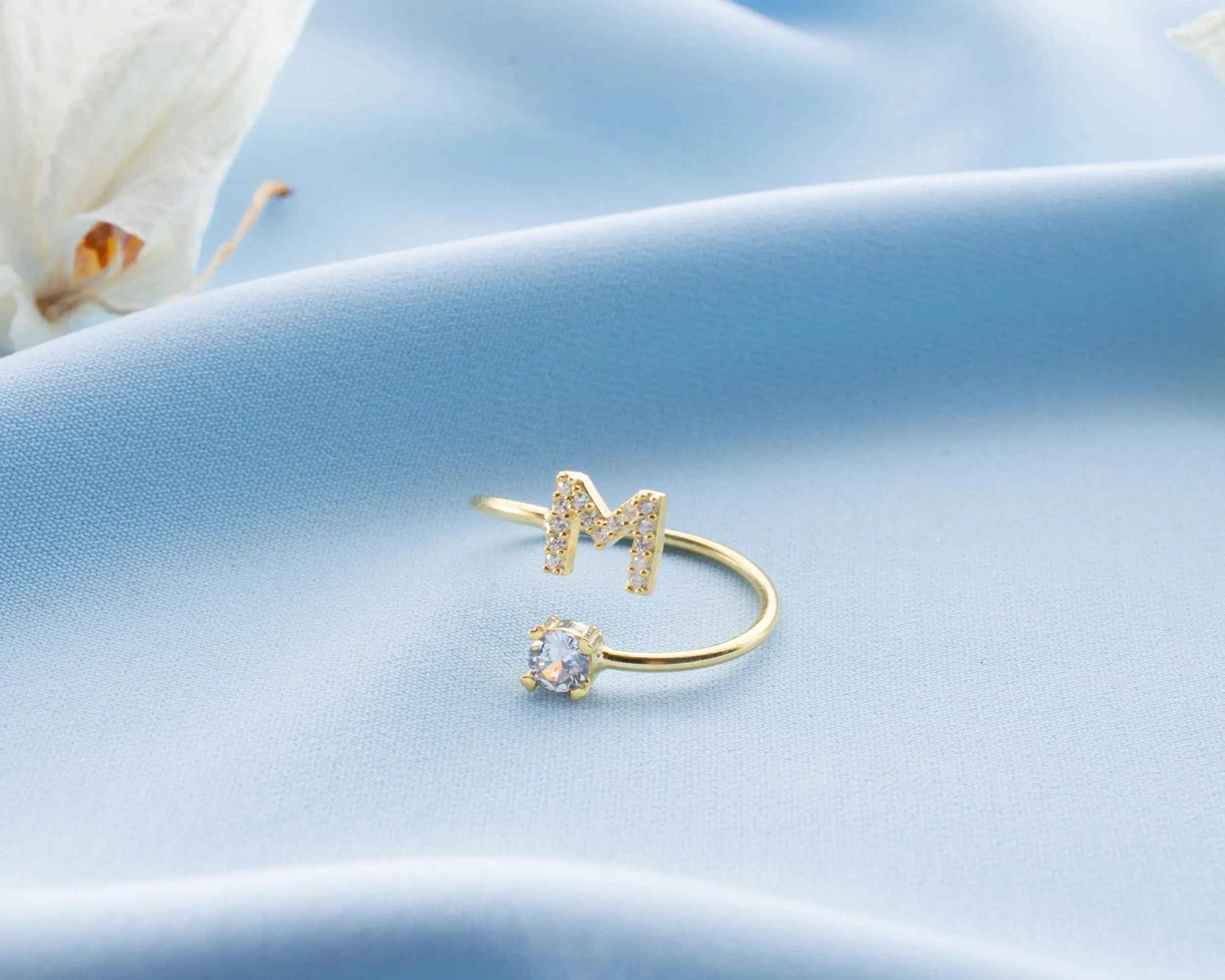 Sterling Silver Stone Initial Ring: Personalized Letter Ring