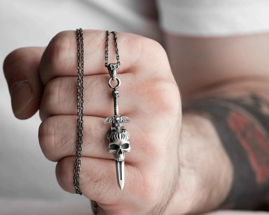 Sterling Silver Skull Sword Necklace: Gothic Viking Pendant