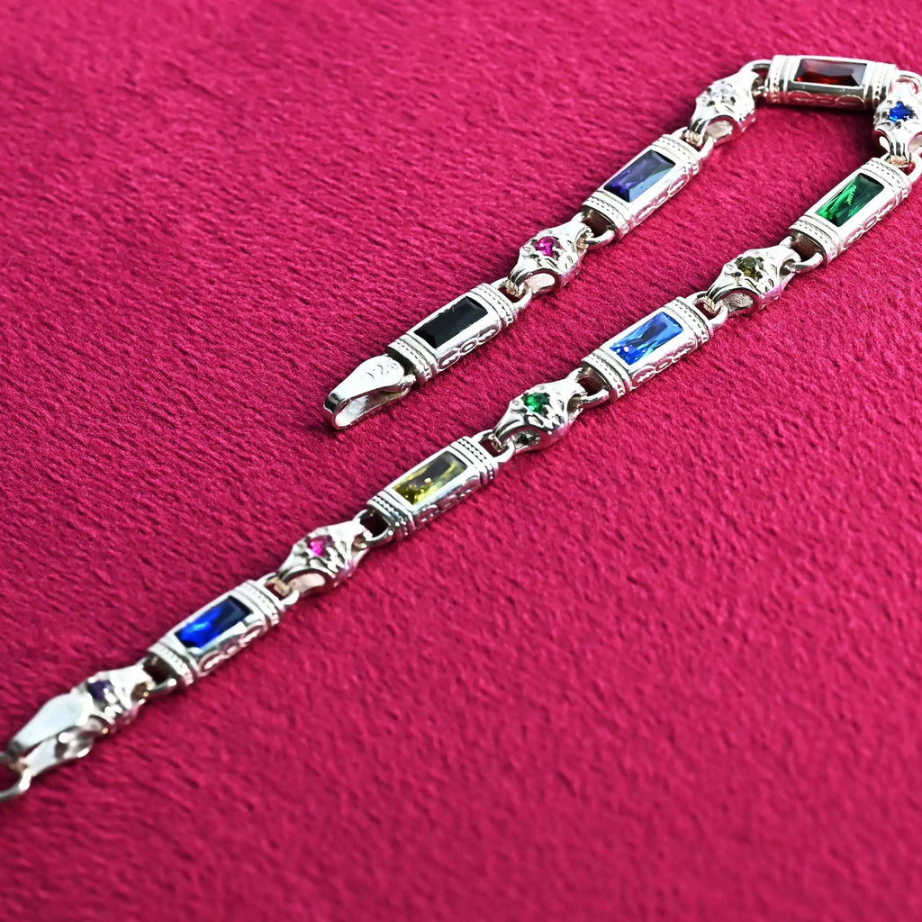 Multicolor Baguette Stone Sterling Silver Bracelet – Men’s Statement Jewelry, Gift for Him