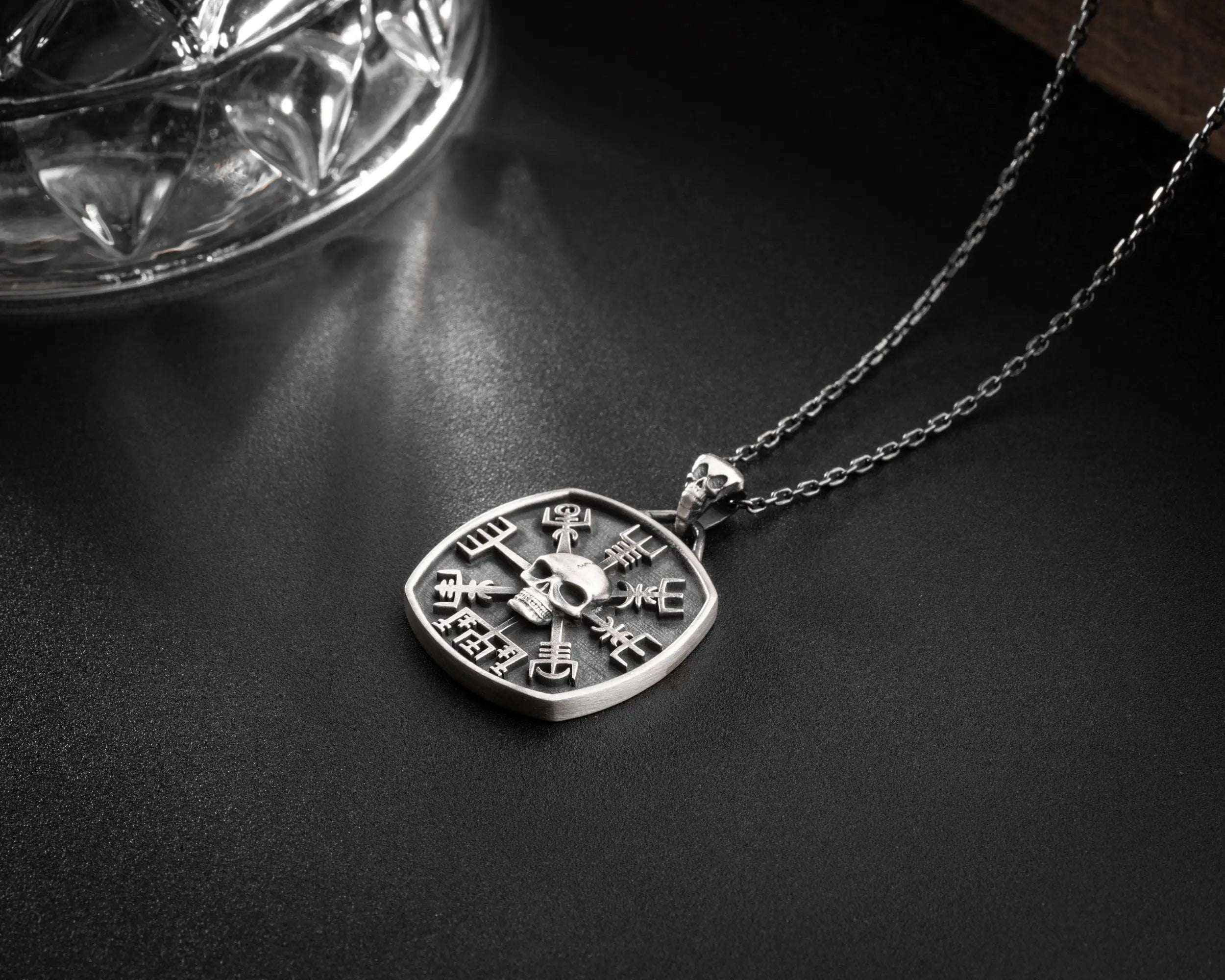 Sterling Silver Viking Vegvisir Skull Necklace: Norse Jewelry