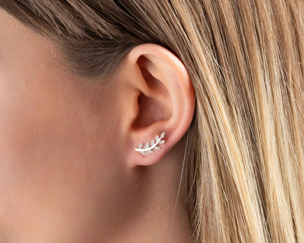 Sterling Silver Leaf Crawler Earrings: Olive Branch Design