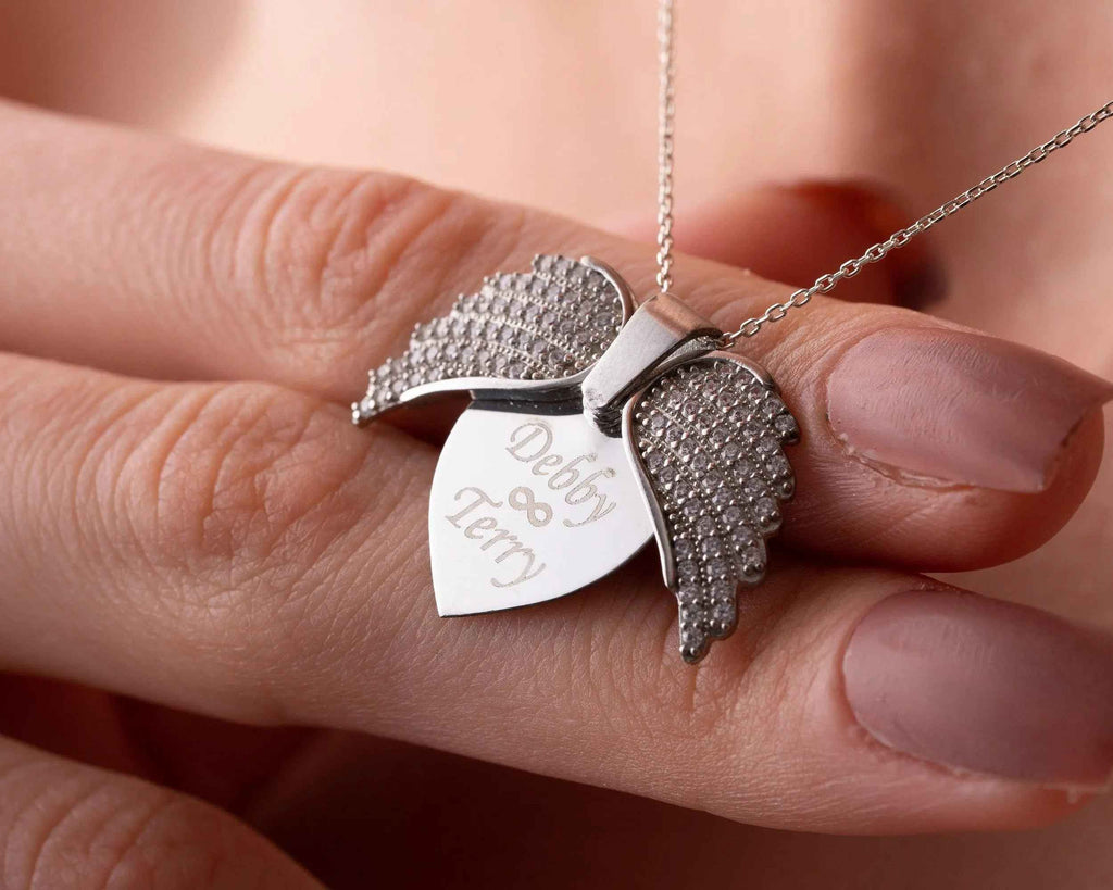 Engraved Angel Wing Heart Necklace: Sterling Silver Personalized Pendant