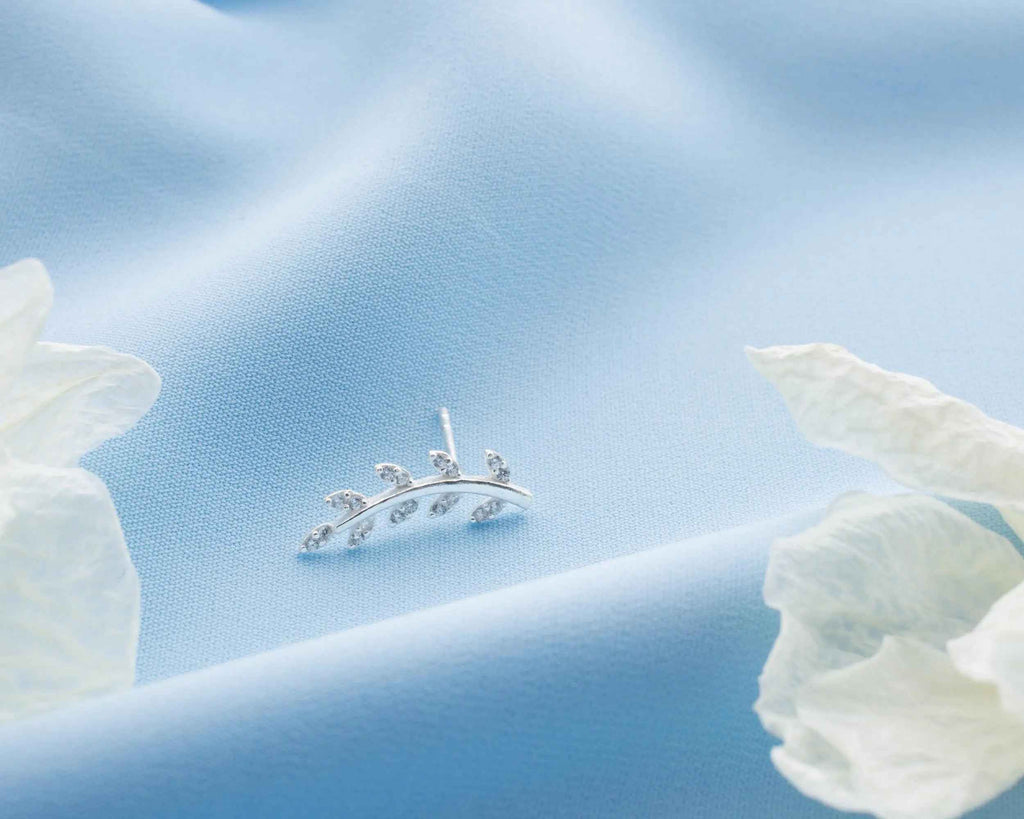 Sterling Silver Leaf Crawler Earrings: Olive Branch Design