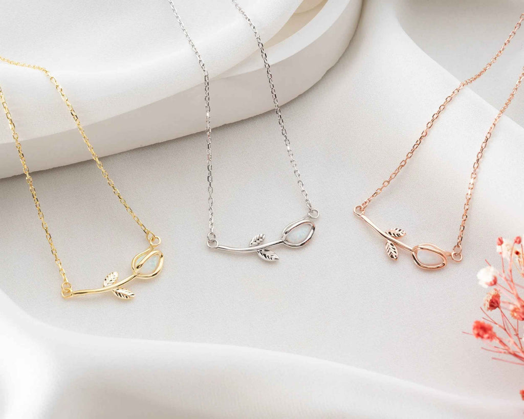 Minimalist Sterling Silver Tulip Necklace: White Opal Pendant