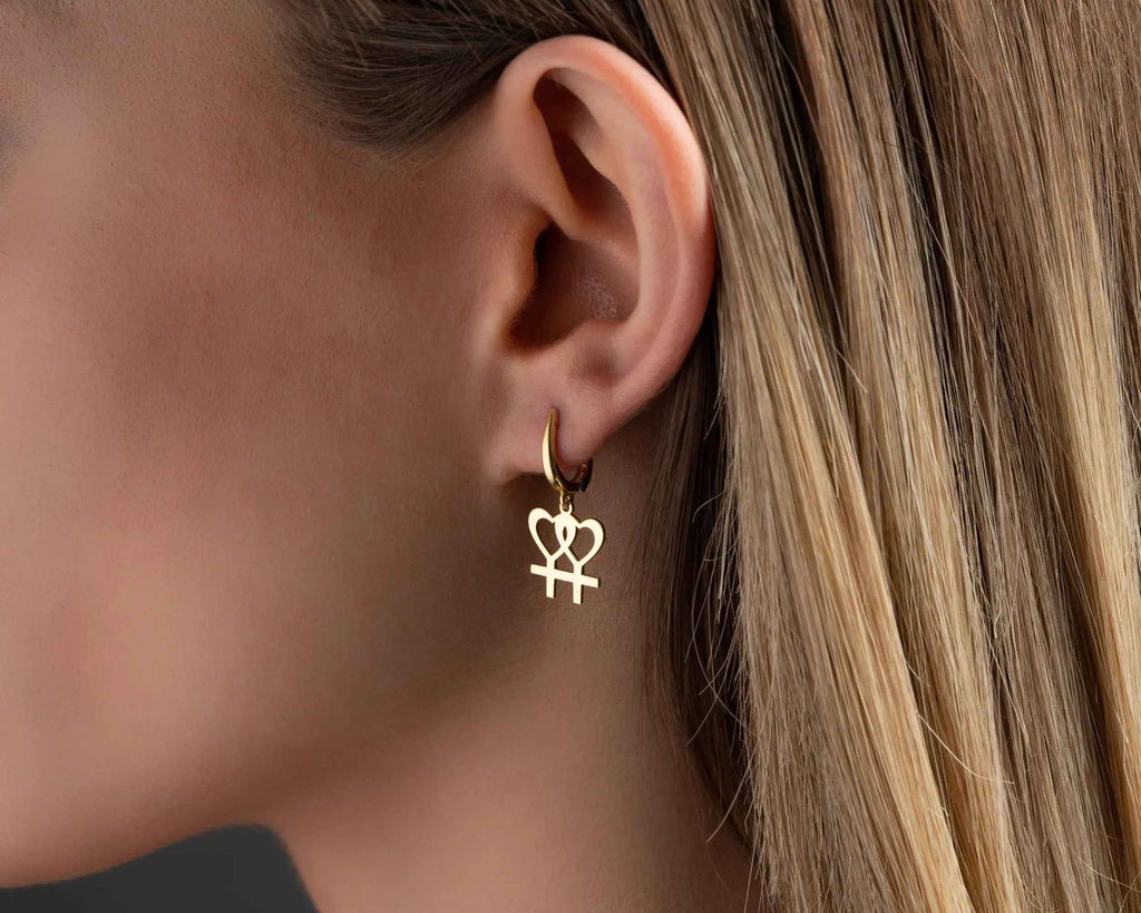 Solid Gold Lesbian Pride Heart Earrings: Venus Symbol Jewelry