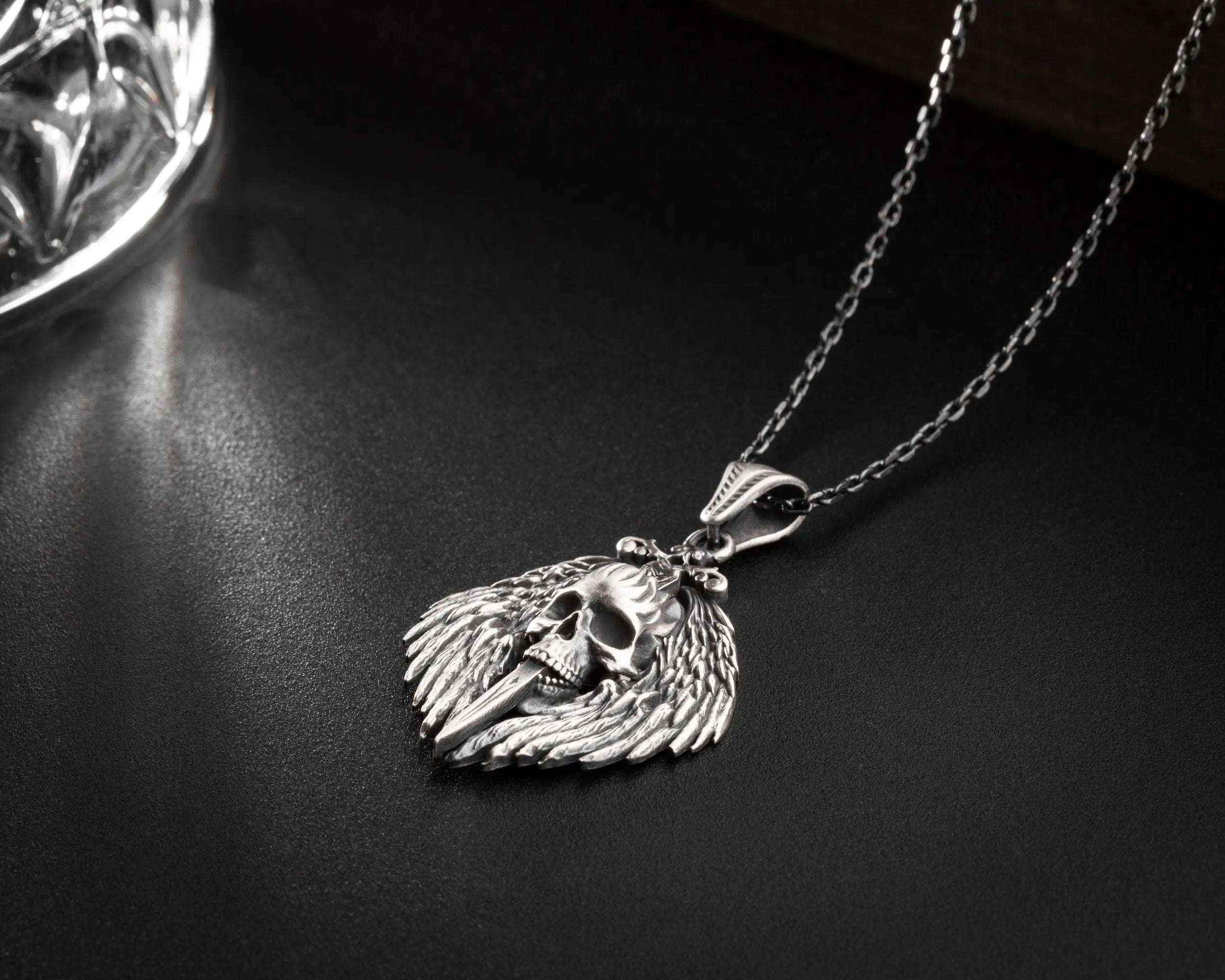 Oxidized Sterling Silver Skull Sword Necklace: Vintage Skull Charm