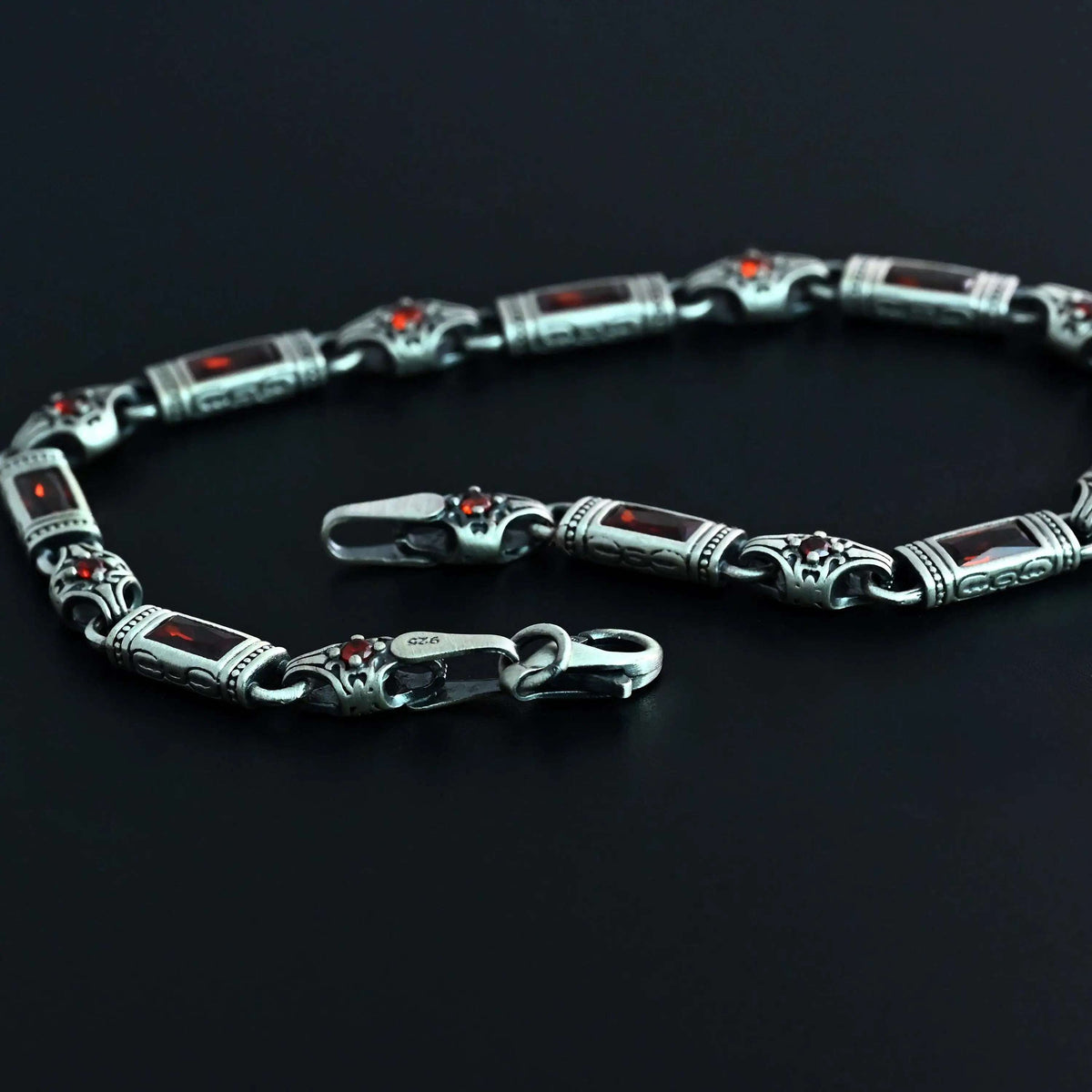 925 Sterling Silver Men's Bracelet: Onyx - Garnet - Navy Blue Zircon Vintage Link Design   Charmora Jewelry
