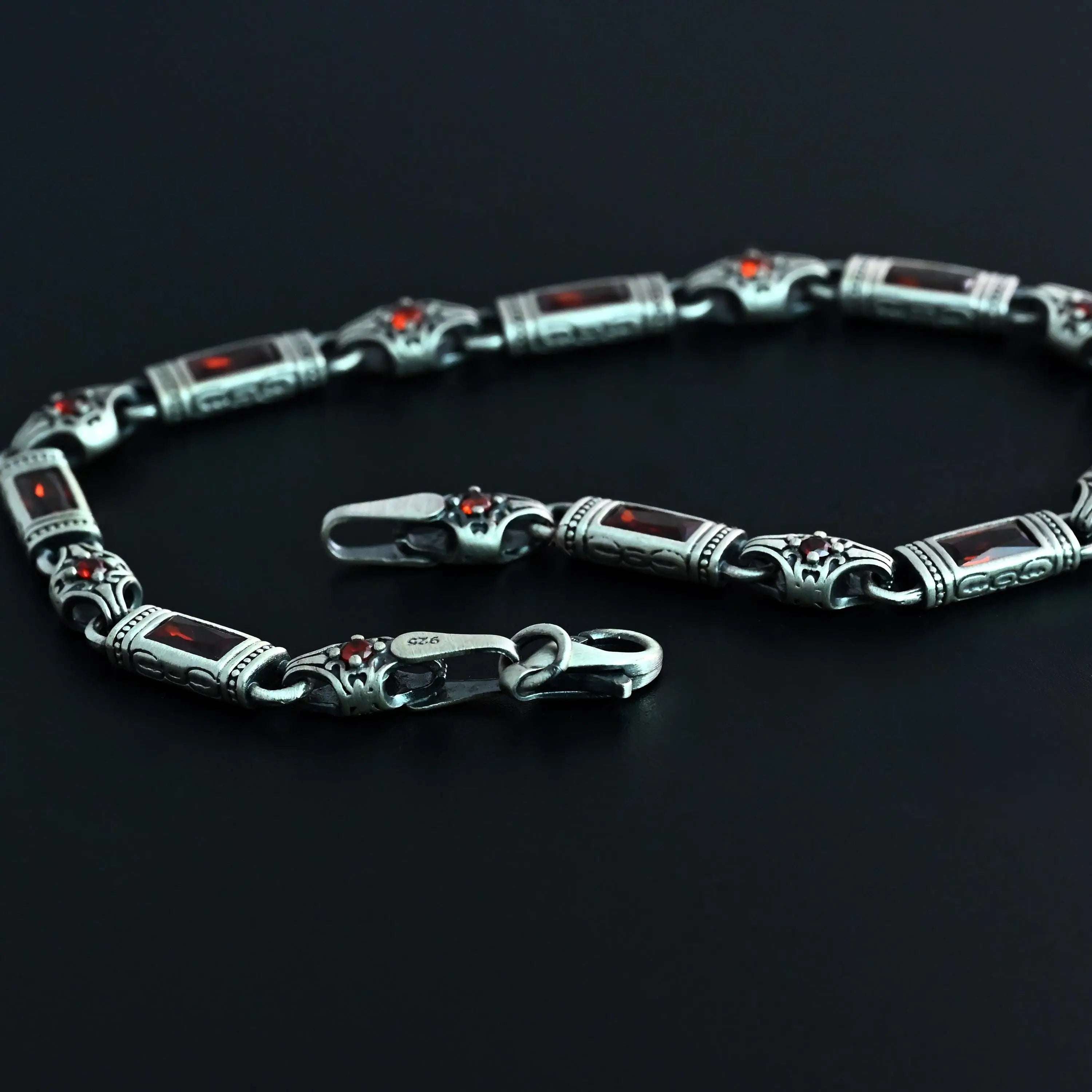 925 Sterling Silver Men's Bracelet: Onyx - Garnet - Navy Blue Zircon Vintage Link Design   Charmora Jewelry