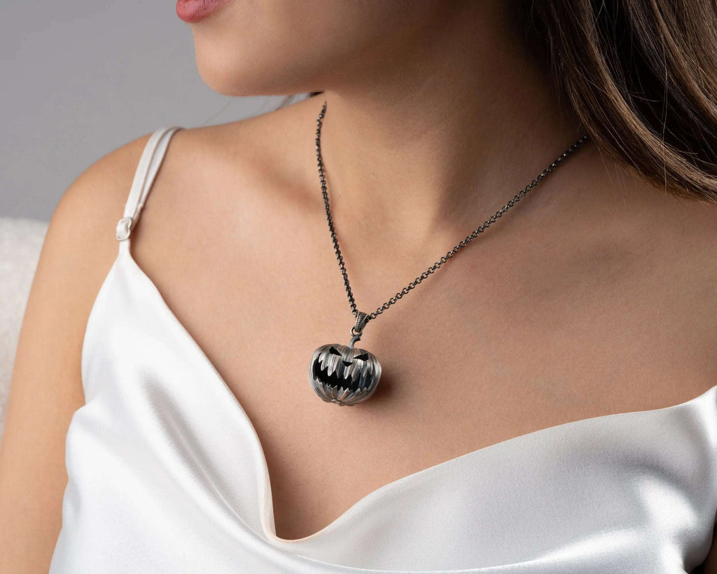 Oxidized Sterling Silver Pumpkin Necklace: Halloween Jewelry Gift   Charmora Jewelry