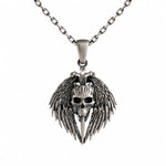 A silver-toned metal pendant necklace featuring a winged skull design with a dagger through the center, suspended from a matching chain against a plain white background.