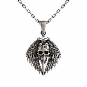 A silver-toned metal pendant necklace featuring a winged skull design with a dagger through the center, suspended from a matching chain against a plain white background.