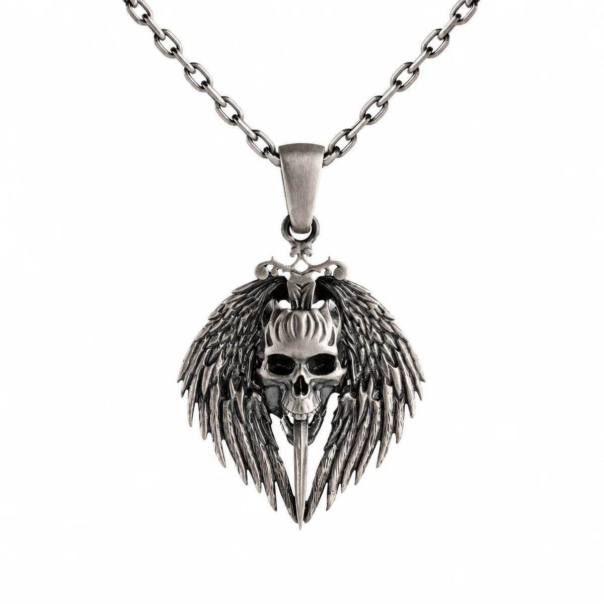 A silver-toned metal pendant necklace featuring a winged skull design with a dagger through the center, suspended from a matching chain against a plain white background.