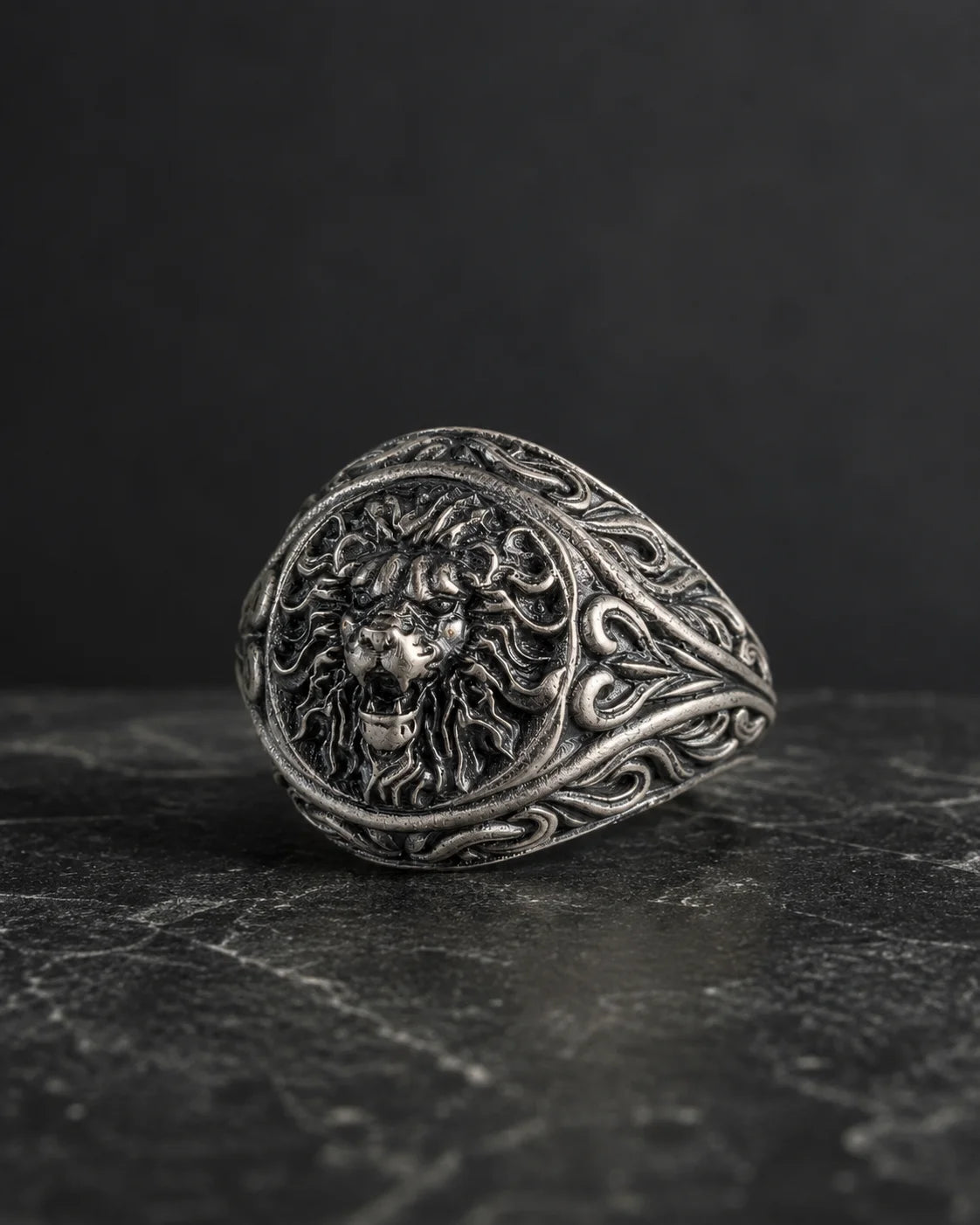Sculpted Lion Head Signet Ring  Ring Charmora Jewelry