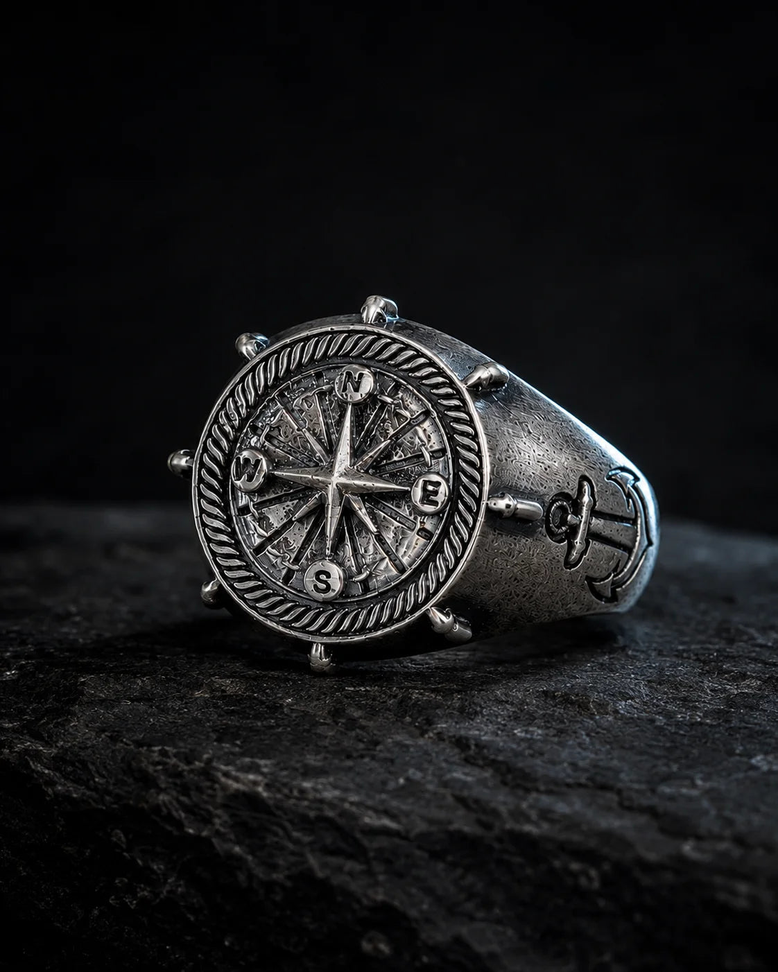 Navigational Compass Motif Signet Ring  Ring Charmora Jewelry