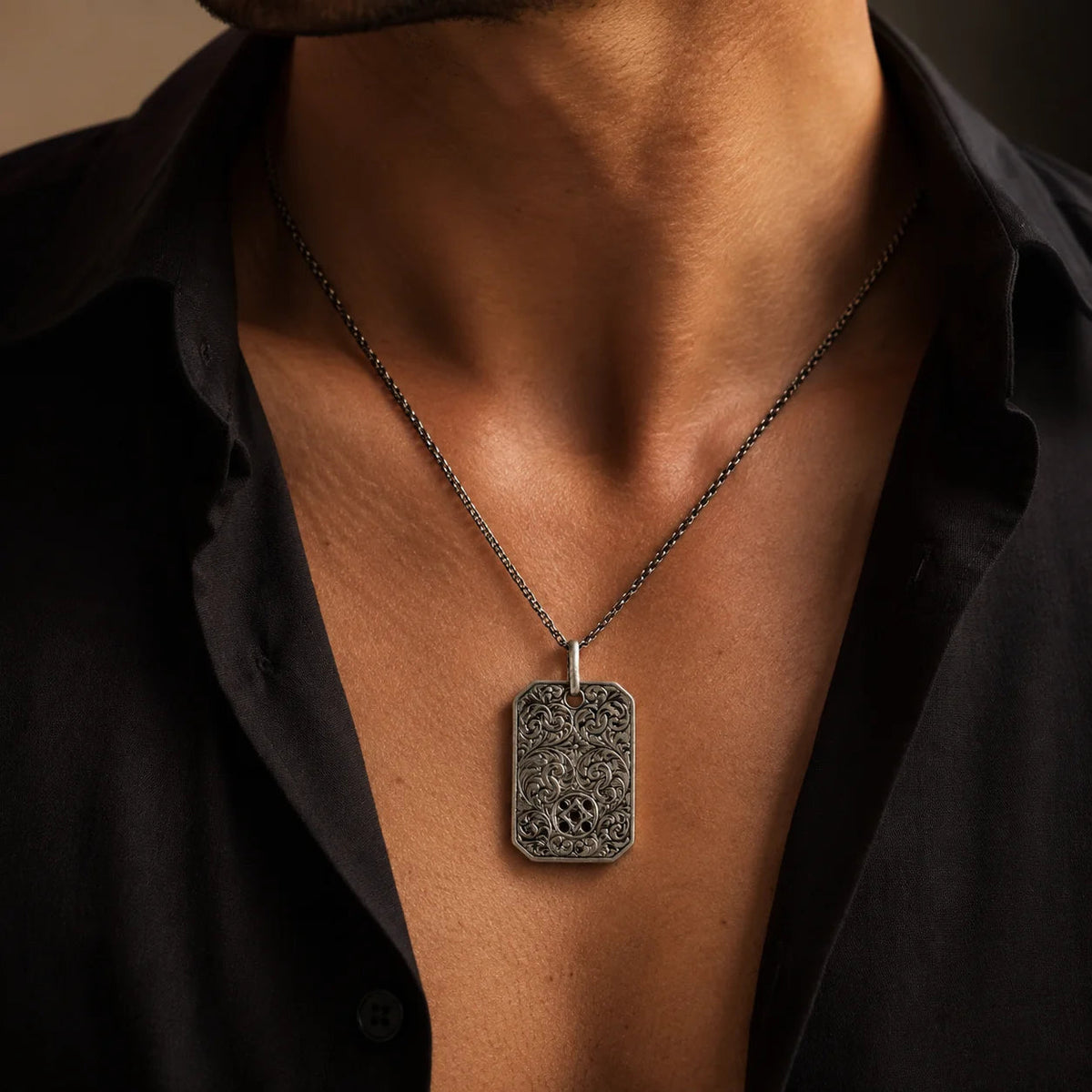 Reversible Floral Scroll Geometric Tag Necklace  Necklace Charmora Jewelry