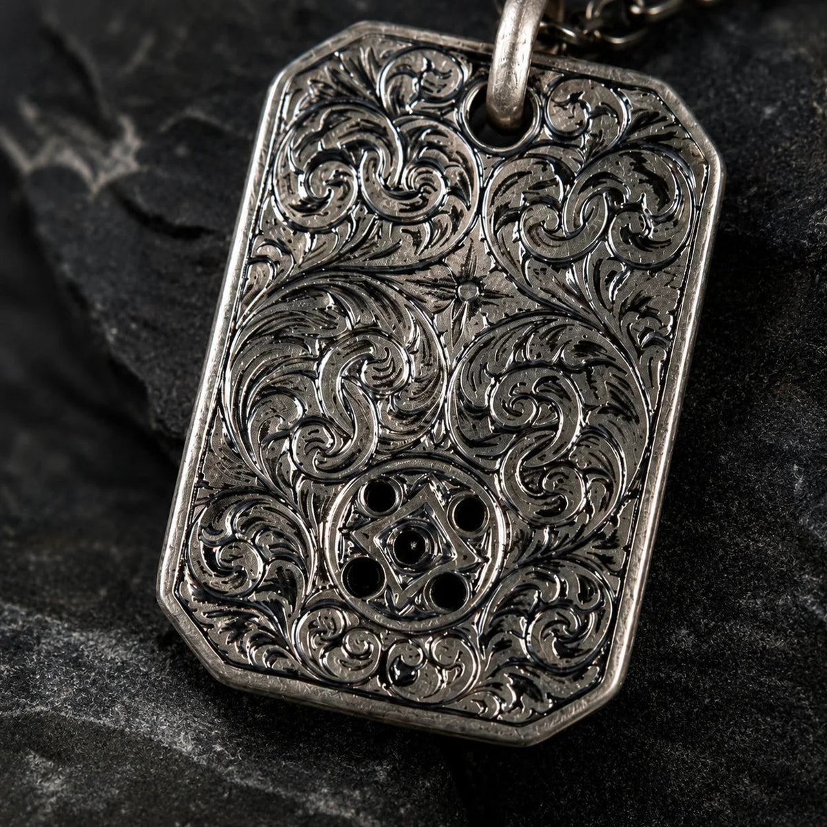 Reversible Floral Scroll Geometric Tag Necklace  Necklace Charmora Jewelry