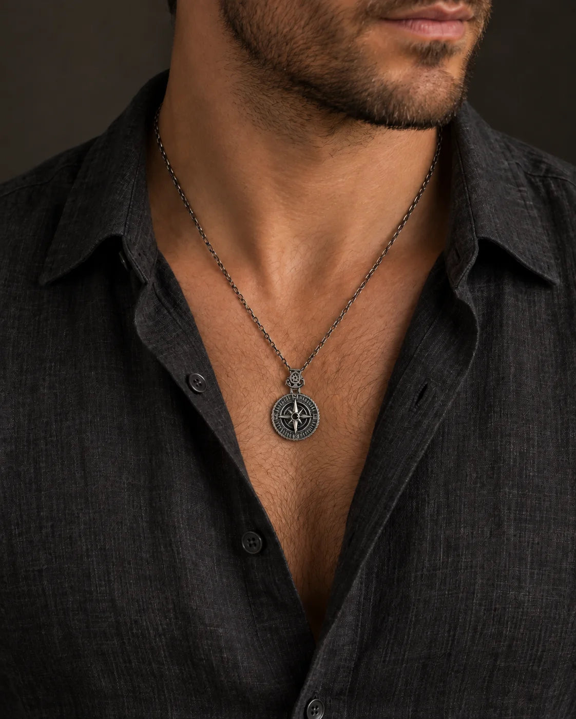 Reversible Onyx Nautical Compass  Necklace Charmora Jewelry