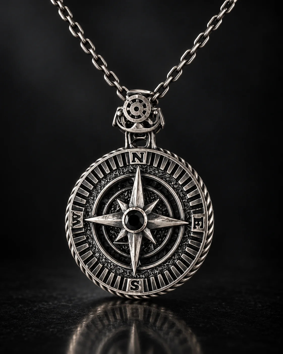 Reversible Onyx Nautical Compass  Necklace Charmora Jewelry