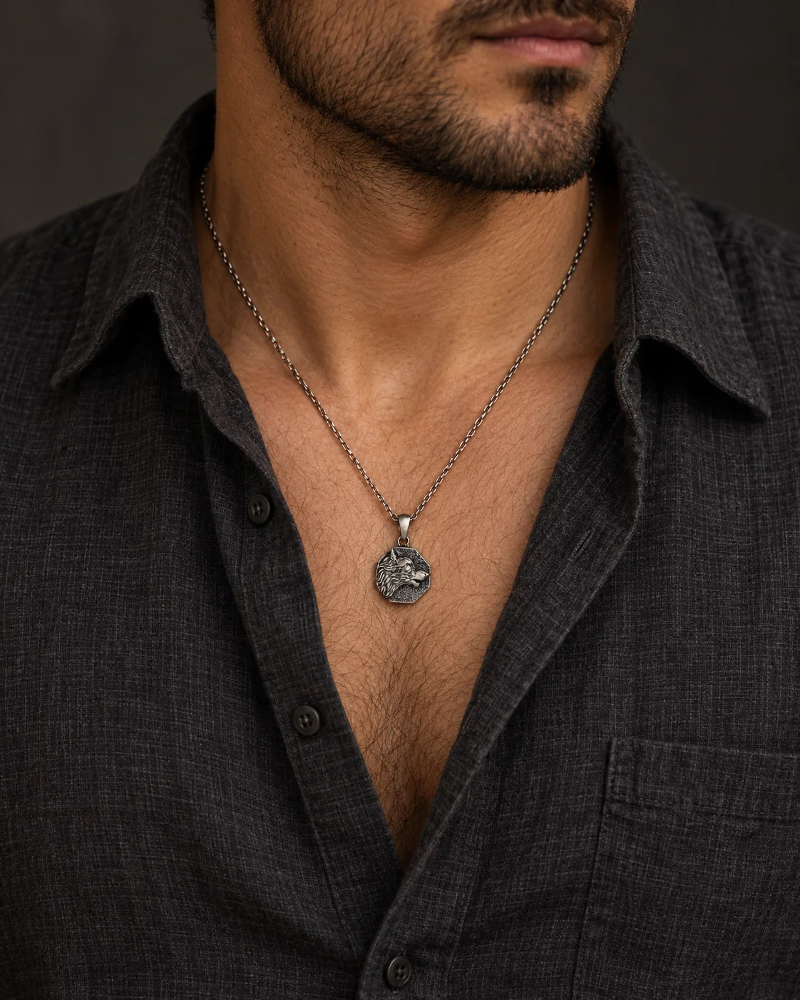 Wolf Warrior Octagonal Medallion  Necklace Charmora Jewelry