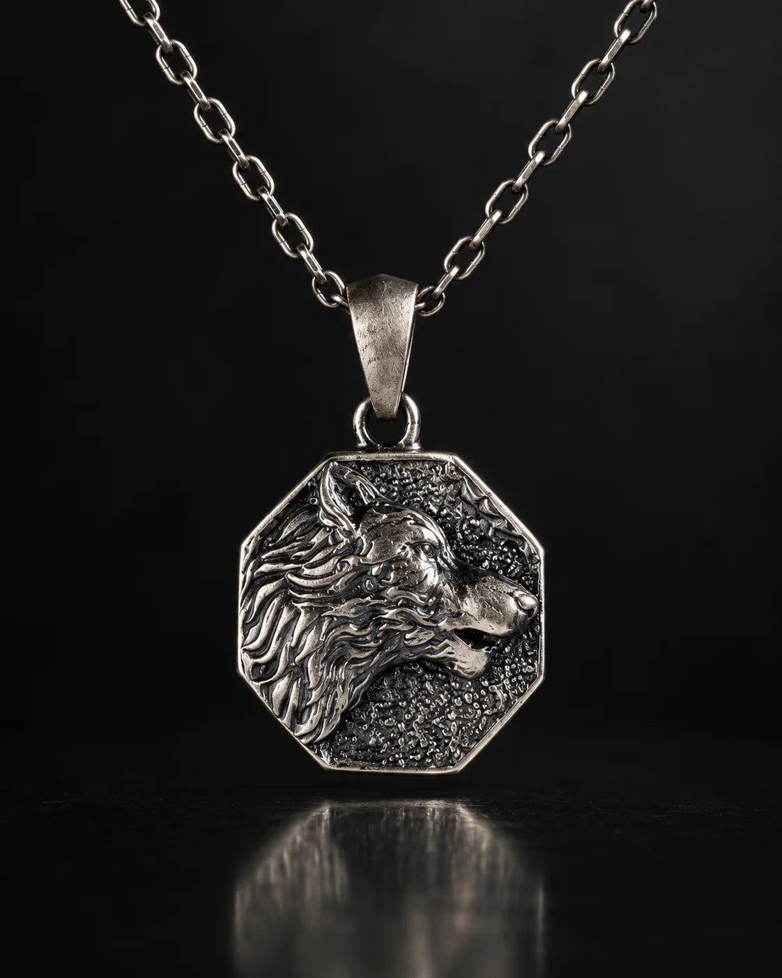 Wolf Warrior Octagonal Medallion  Necklace Charmora Jewelry