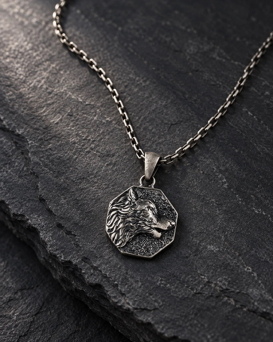 Wolf Warrior Octagonal Medallion  Necklace Charmora Jewelry