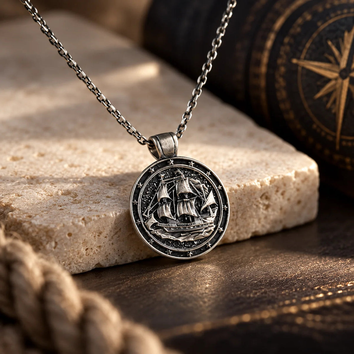 Sailing Ship Coin  Necklace Charmora Jewelry