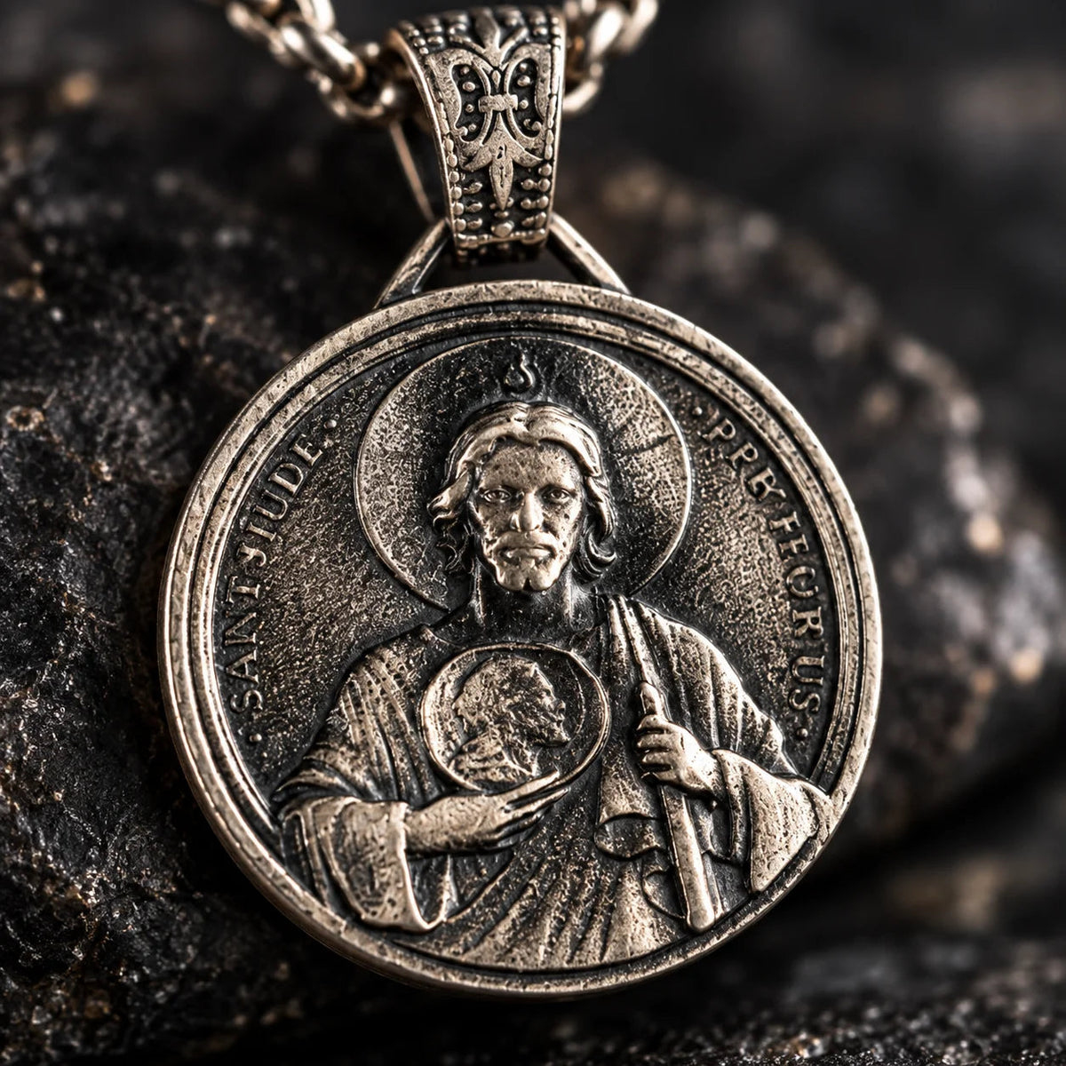 Saint Jude Protection High Relief Medallion  Necklace Charmora Jewelry