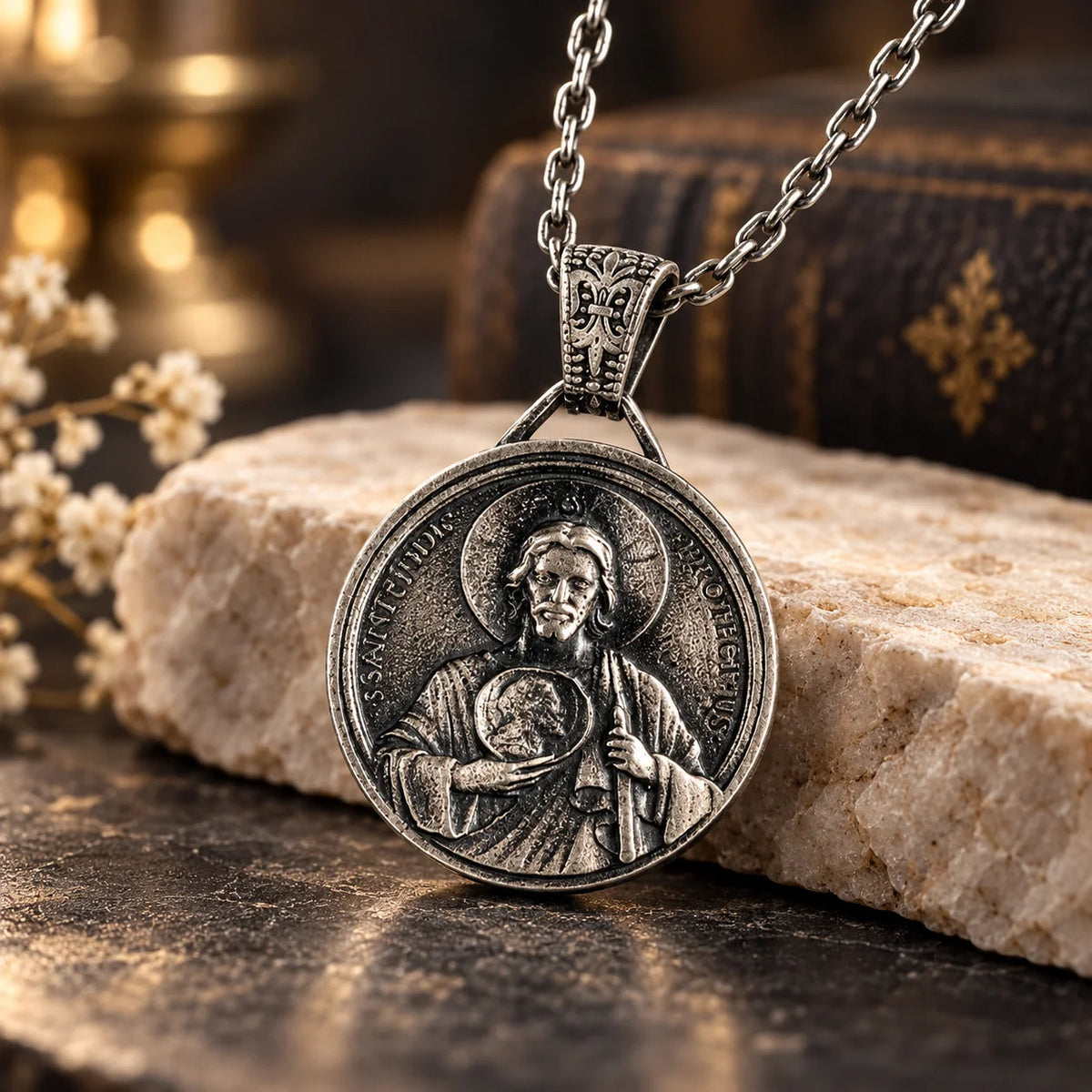 Saint Jude Protection High Relief Medallion  Necklace Charmora Jewelry