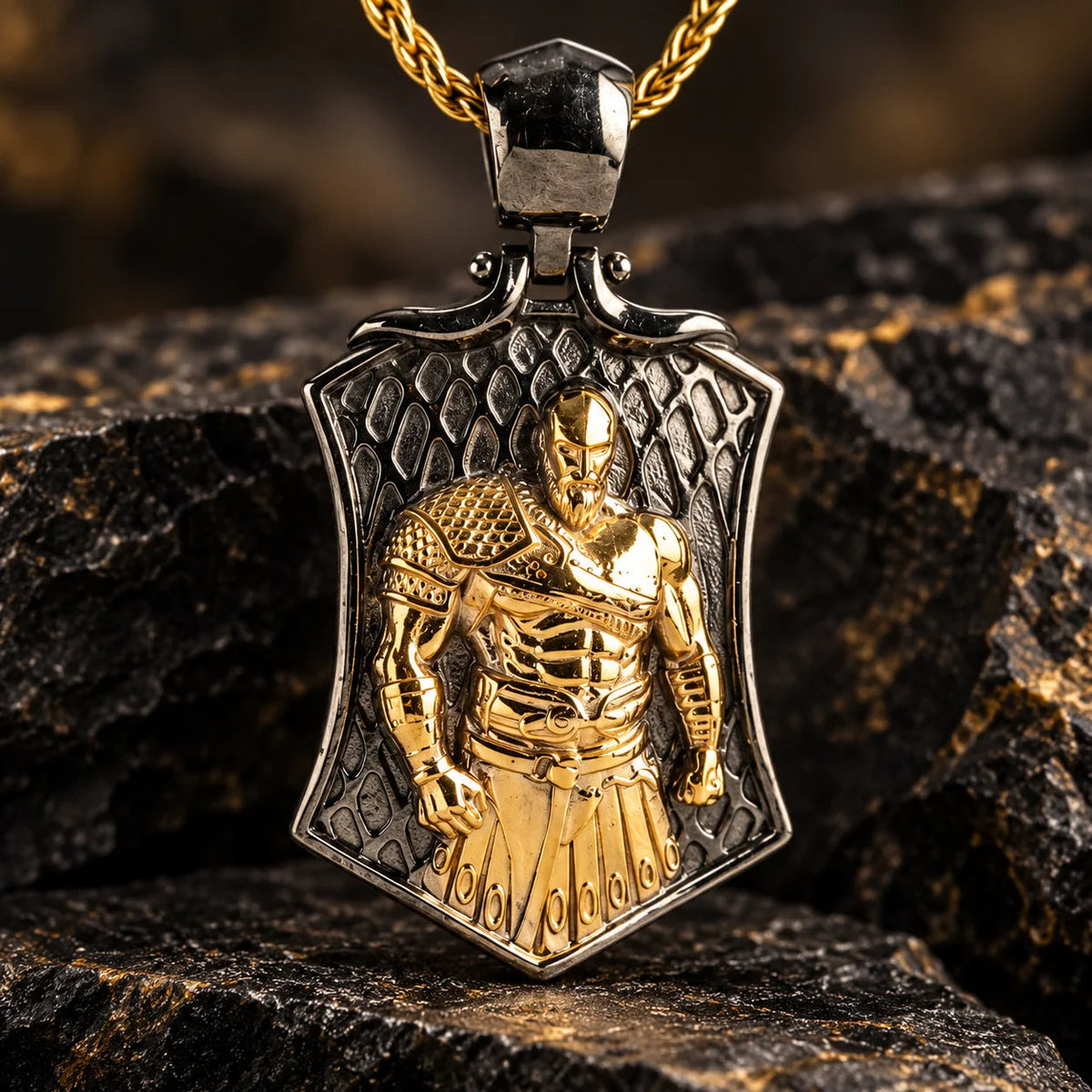 Spartan Warrior High Relief Shield  Necklace Charmora Jewelry