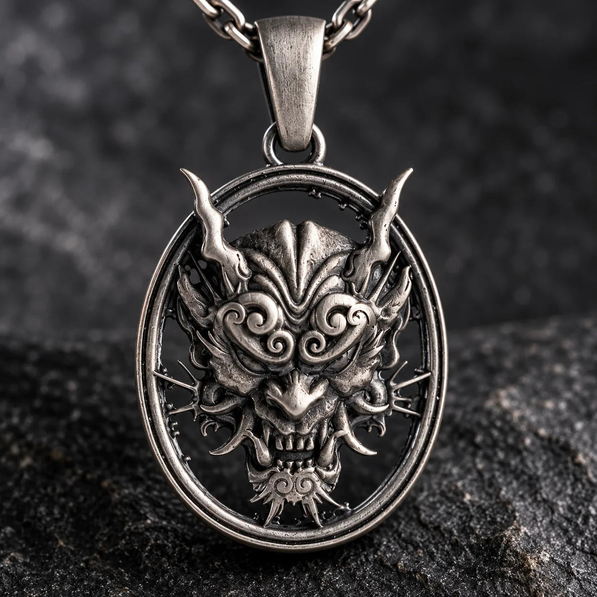 Sculpted Hannya Mask  Necklace Charmora Jewelry