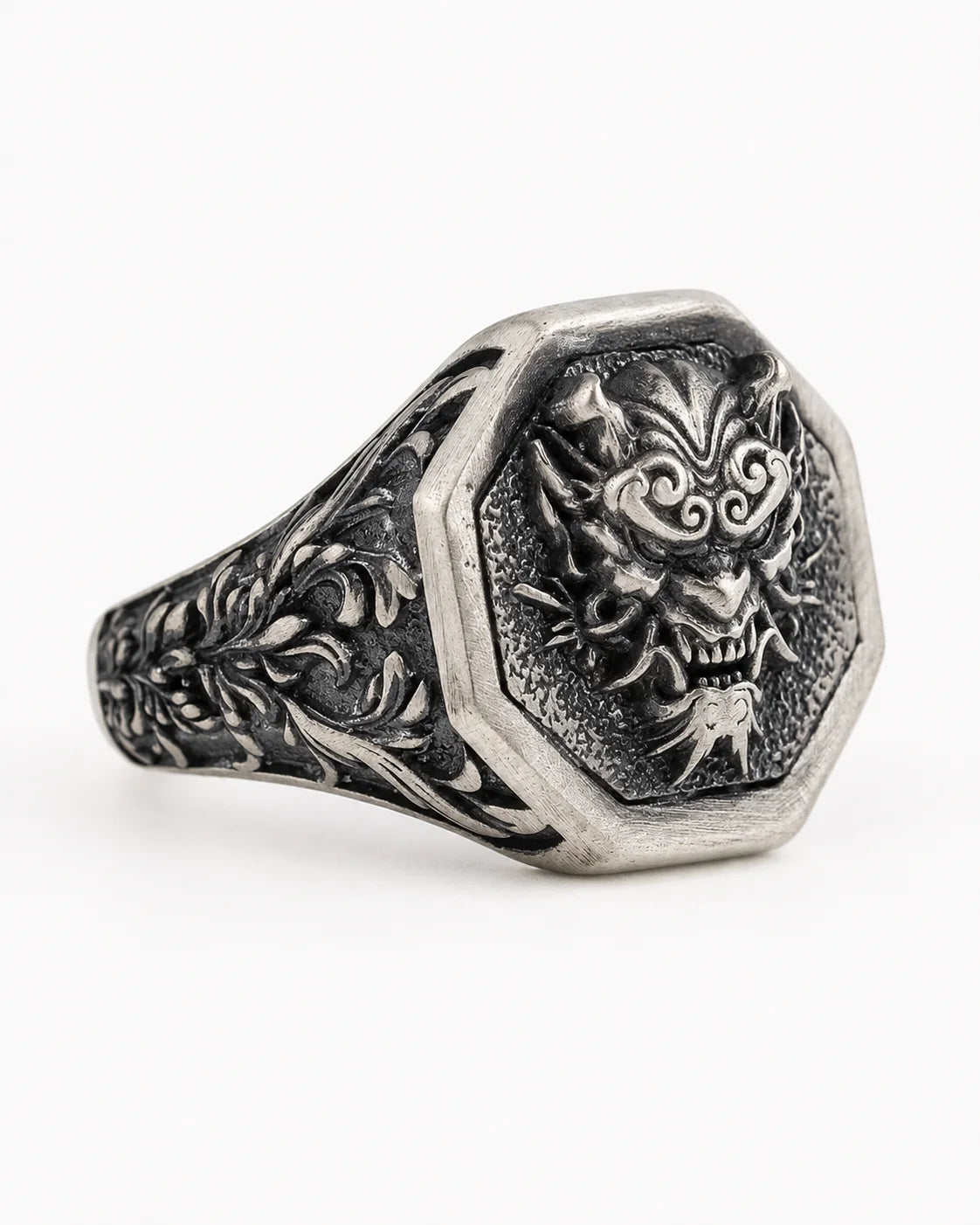 Japanese Oni Mask Relief Signet Ring  Ring Charmora Jewelry