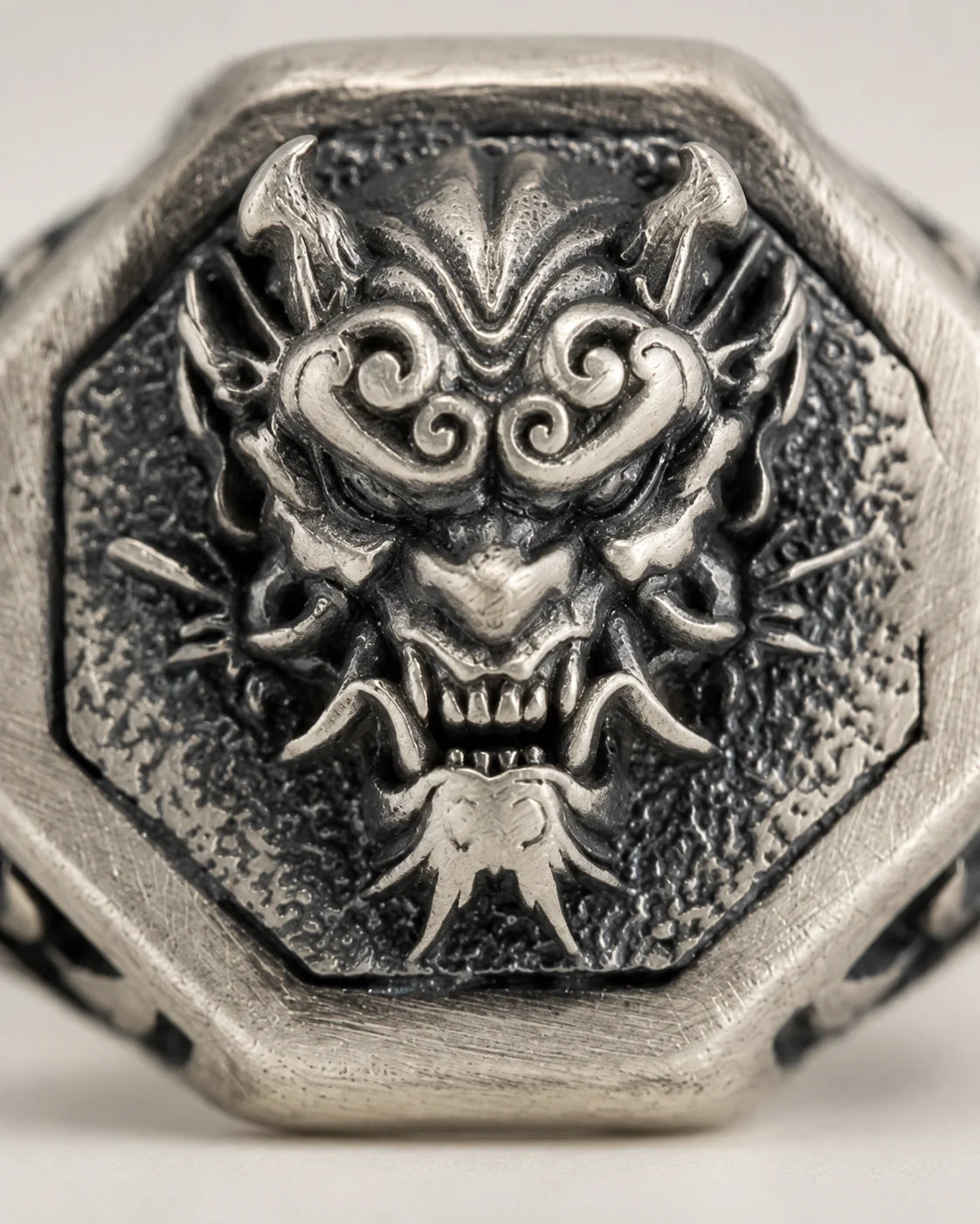 Japanese Oni Mask Relief Signet Ring  Ring Charmora Jewelry