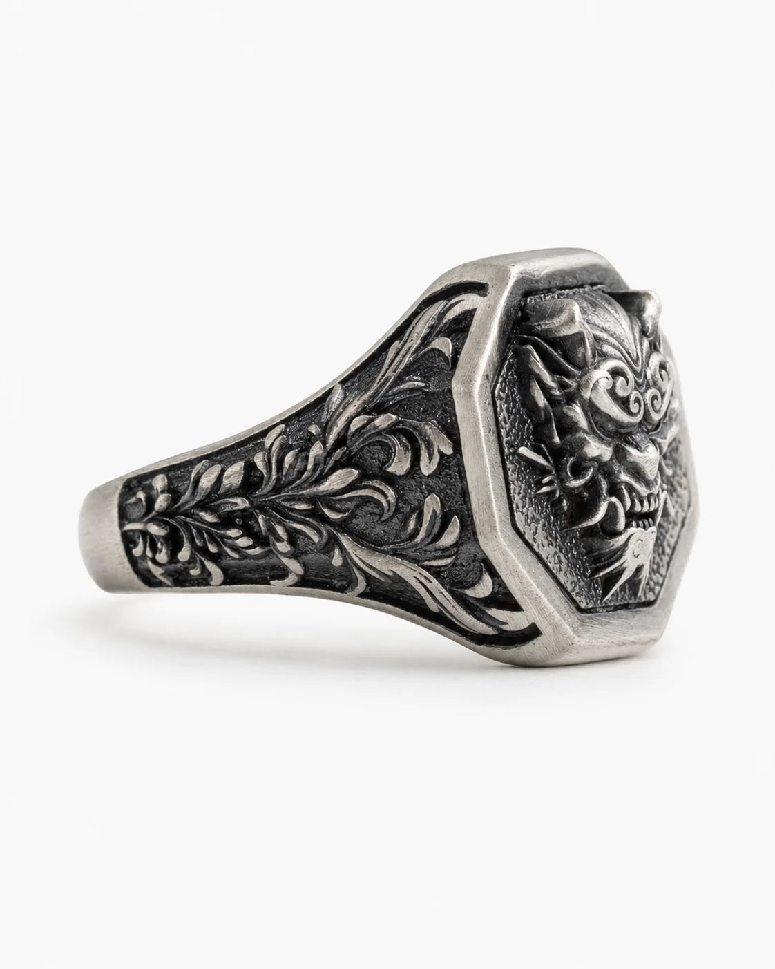 Japanese Oni Mask Relief Signet Ring  Ring Charmora Jewelry