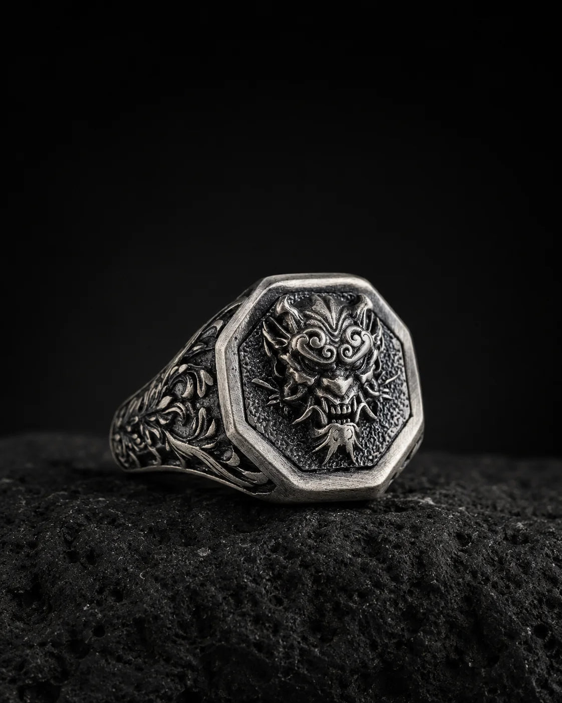 Japanese Oni Mask Relief Signet Ring  Ring Charmora Jewelry