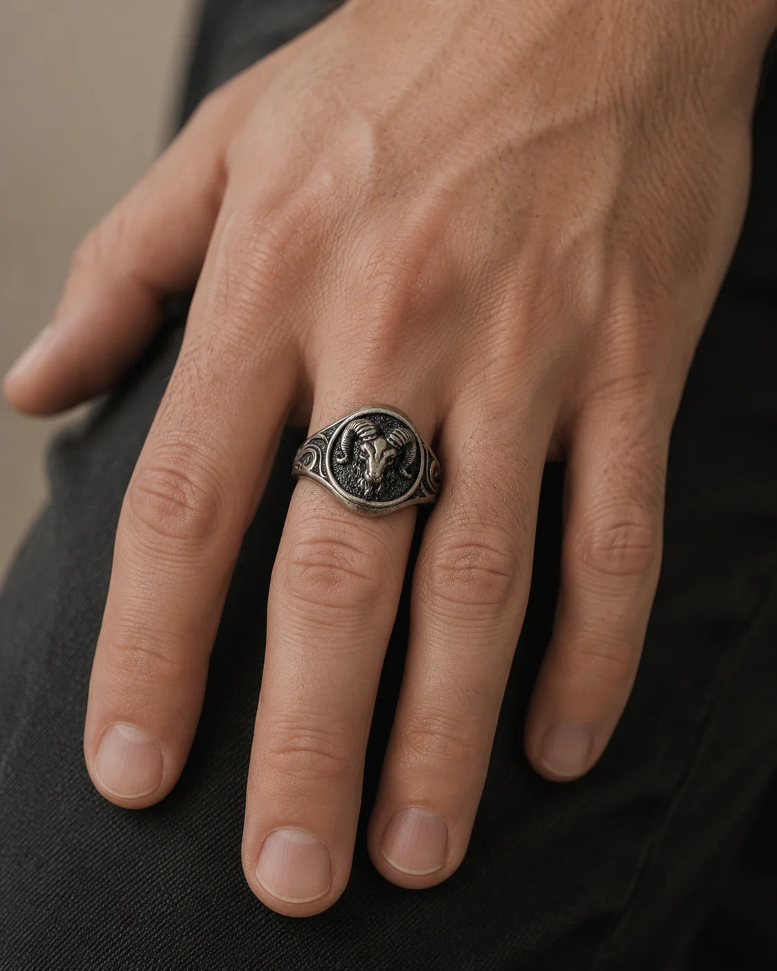 Sculpted Ram Head Motif Signet Ring  Ring Charmora Jewelry