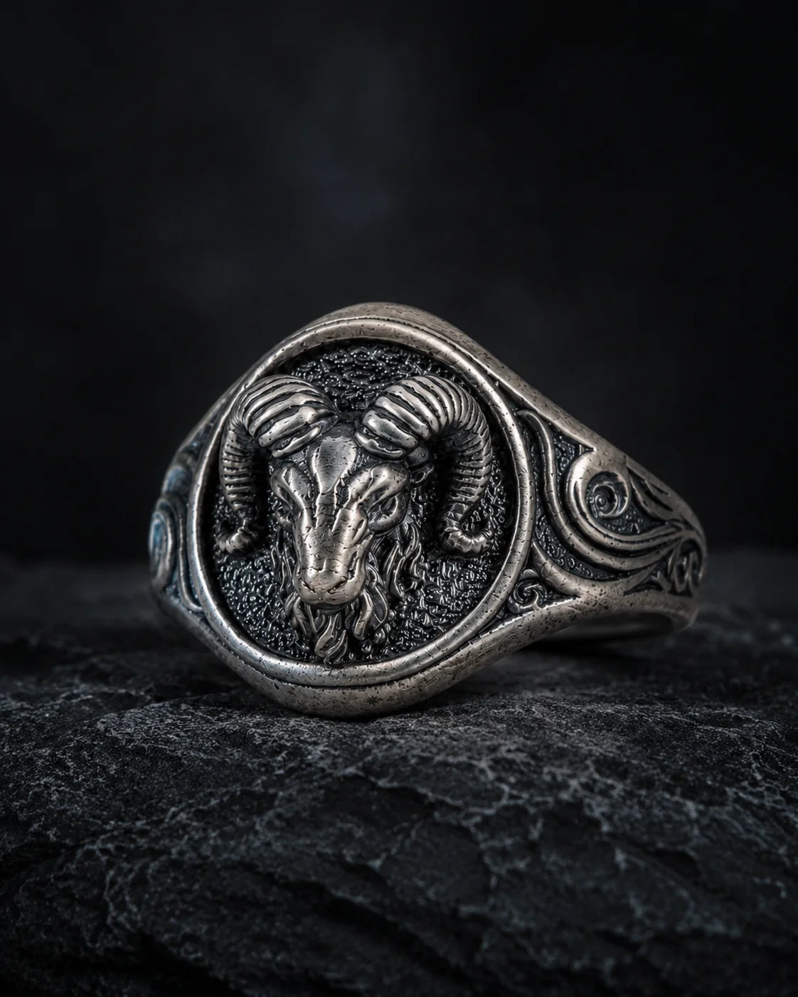 Sculpted Ram Head Motif Signet Ring  Ring Charmora Jewelry